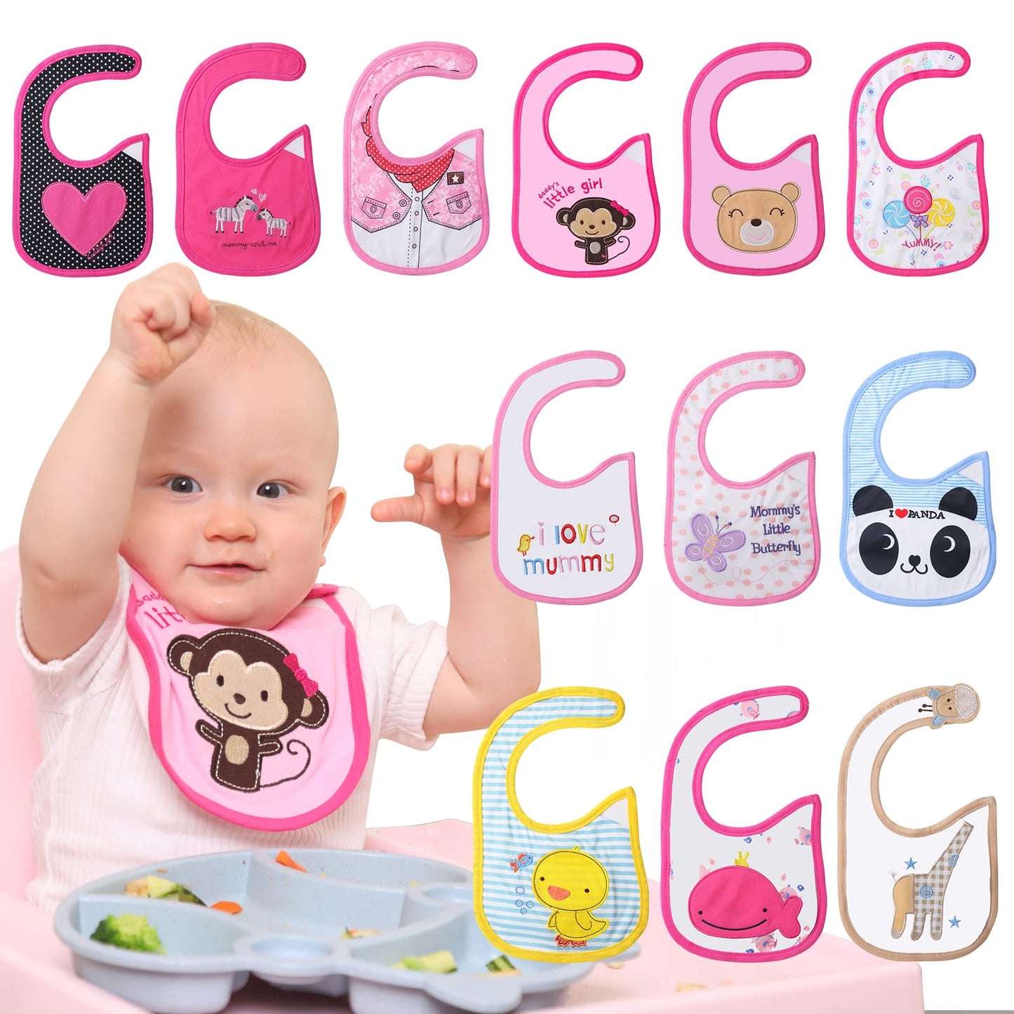 Lictin Baberos de Bebé-12pcs Baberos de Bebé para Niños Baberos de Bebé Impermeables con Diferentes Estampados Ajuste Unisexo para Bebé de 3-24 meses(Rosa)