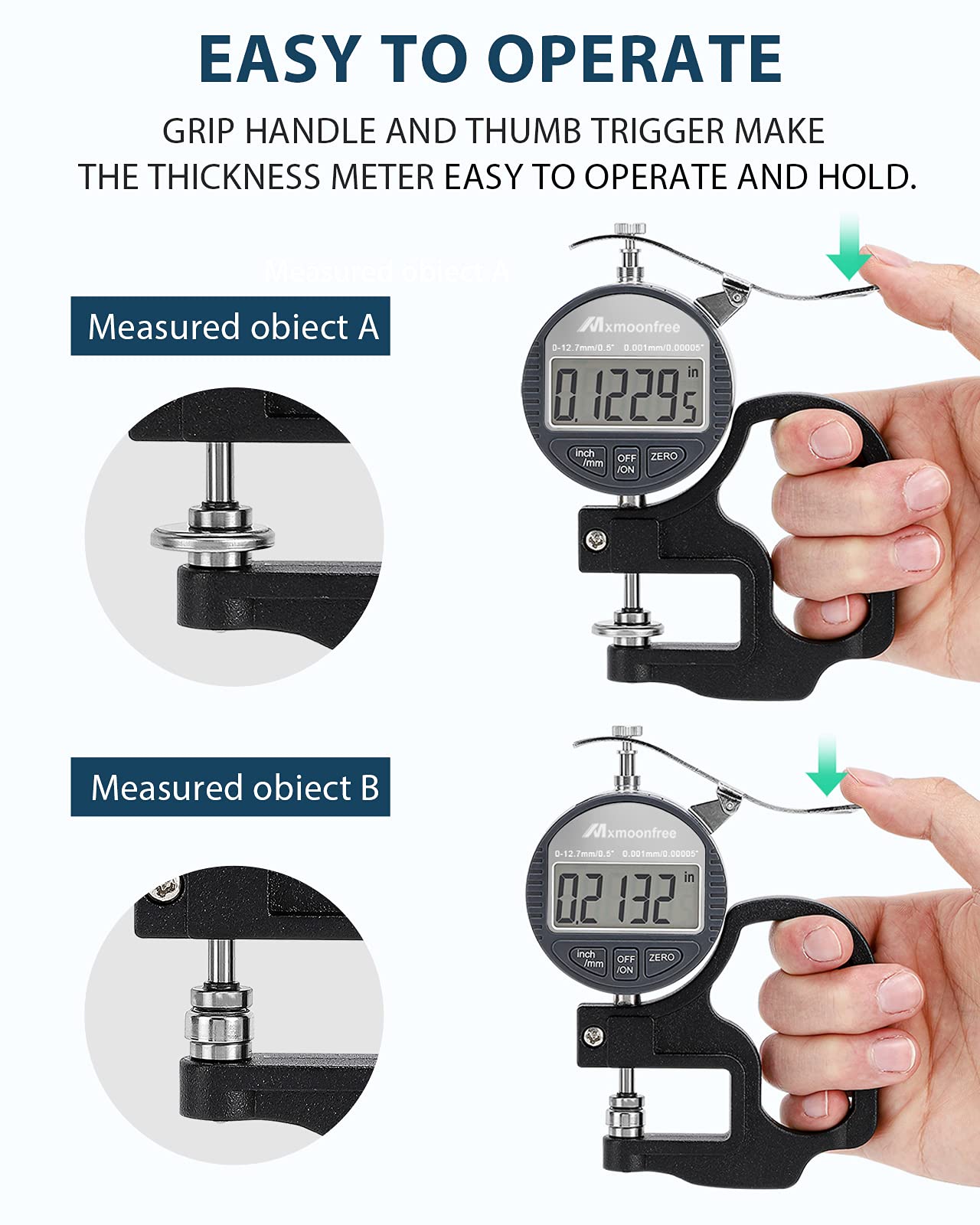 Mxmoonfree - Medidor de espesor digital de 0.001 mm/0.00005 pulgadas | Medidor de espesor electrónico de 0-12.7 mm/0.5 pulgadas con visualización LCD, conversión de unidades, estuche de
