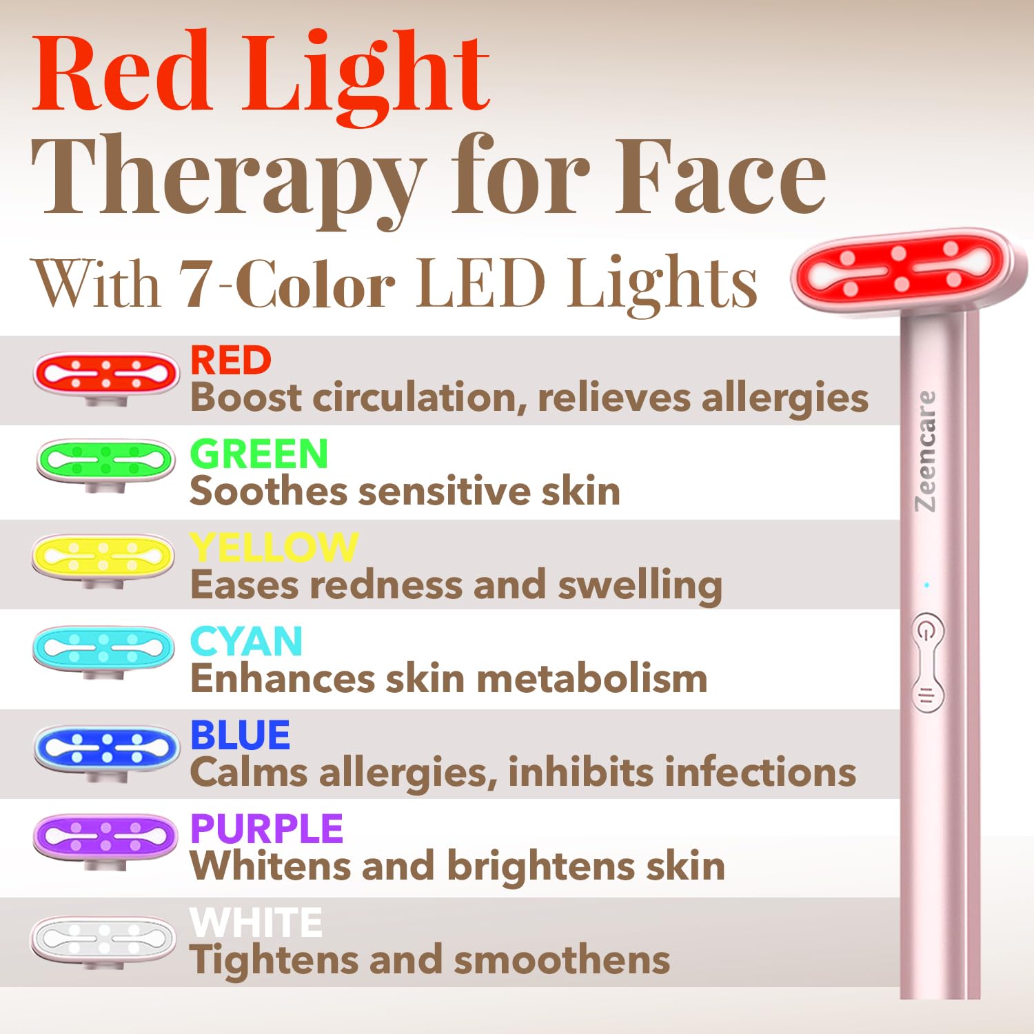 ZEENCARE 7 en 1 Terapia de Luz Roja para la Cara y el Cuello, Dispositivo de Terapia de Luz Facial LED, Herramienta Recargable para el Cuidado de la Piel y Carita de Belleza de Masaje Facial para Ojos, Cara, Cuello, Cuerpo