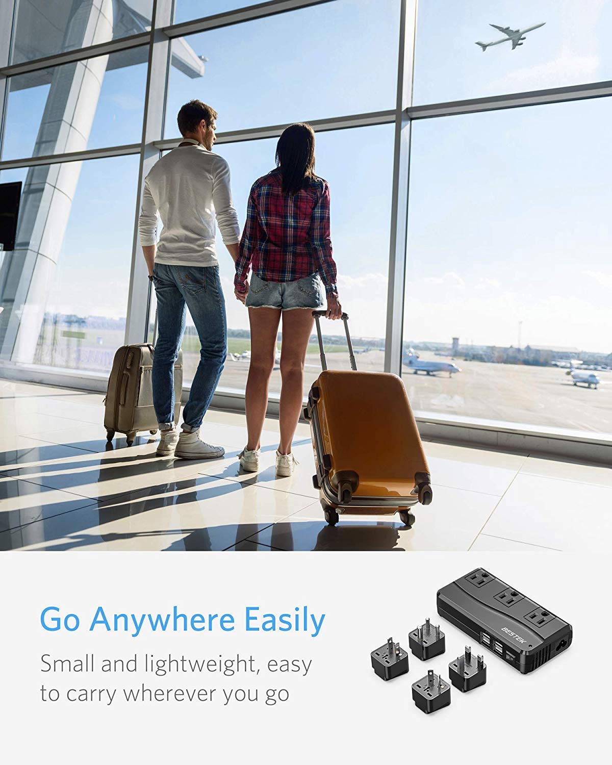 BESTEK - Adaptador universal de viaje de 100 a 220 V a 110 V, convertidor de voltaje de 250 W con carga USB de 6 A, 4 puertos, 3 enchufes de CA y adaptador de enchufe EU/UK/AU/US/India en todo el