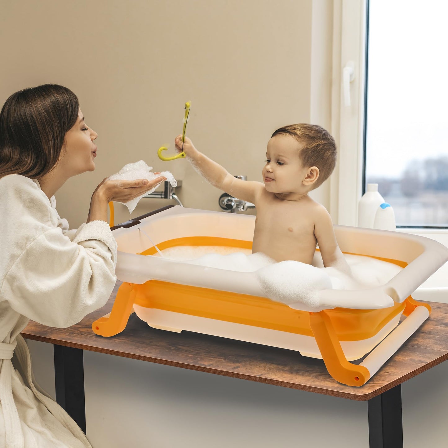 Bañera Para Bebe Plegable Ahorradora de Epacio Con Termometro Y Antideslizante (AMARILLO)