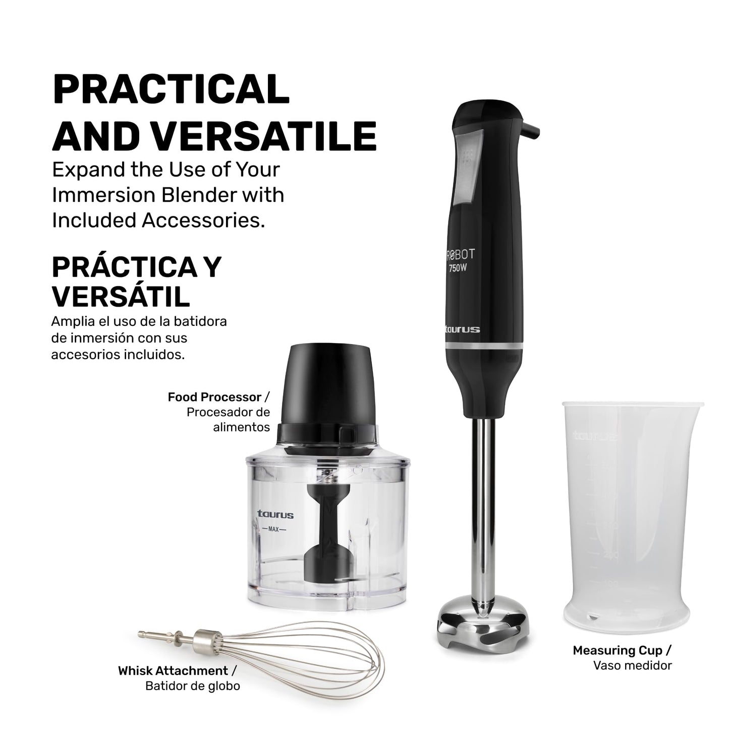 Batidora de Inmersión Taurus Acero Inoxidable Caña Desmontable Turbo Rotation System Control Pulso Diseño Ergonómico y Anti Salpicaduras 750 W