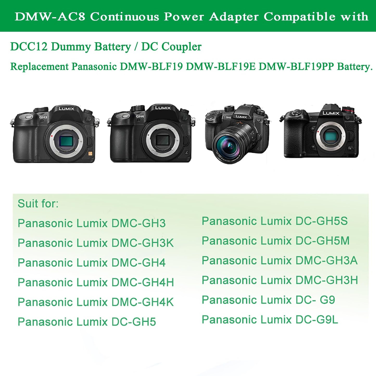 Gonine AC Adapter DMW-AC8 Plus DC Coupler DMW-DCC12 for PANASONIC DMC-GH3 DMC-GH4 DMC-GH3K DMC-GH4K Digital Camera