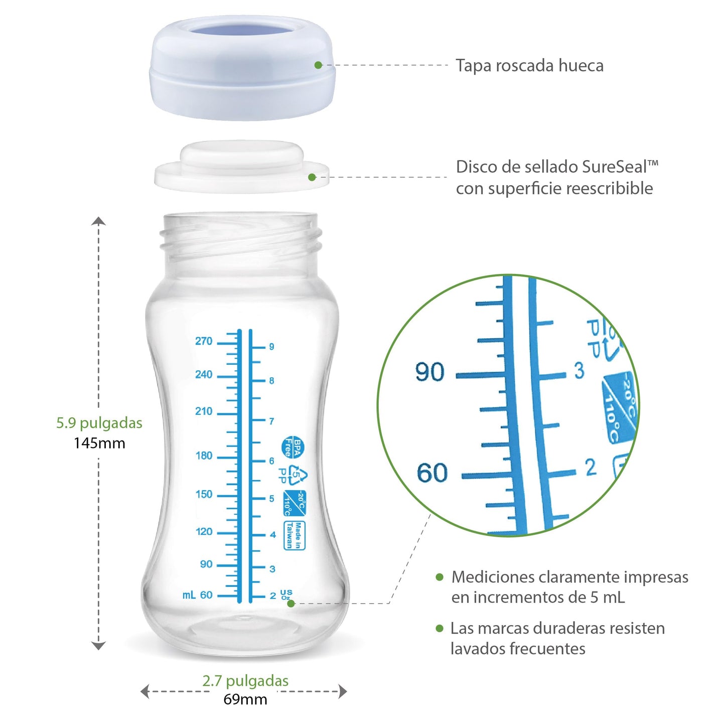 Biberón de alimentación y recolección para almacenamiento de leche Maymom de boca ancha con tetina, tapa tipo cúpula, tapa superior y disco de sellado SureSeal; compatible con extractores Spectra/Luna; 4.7 oz / 140 mL, 2 piezas y 9 oz / 280 mL, 2 piezas