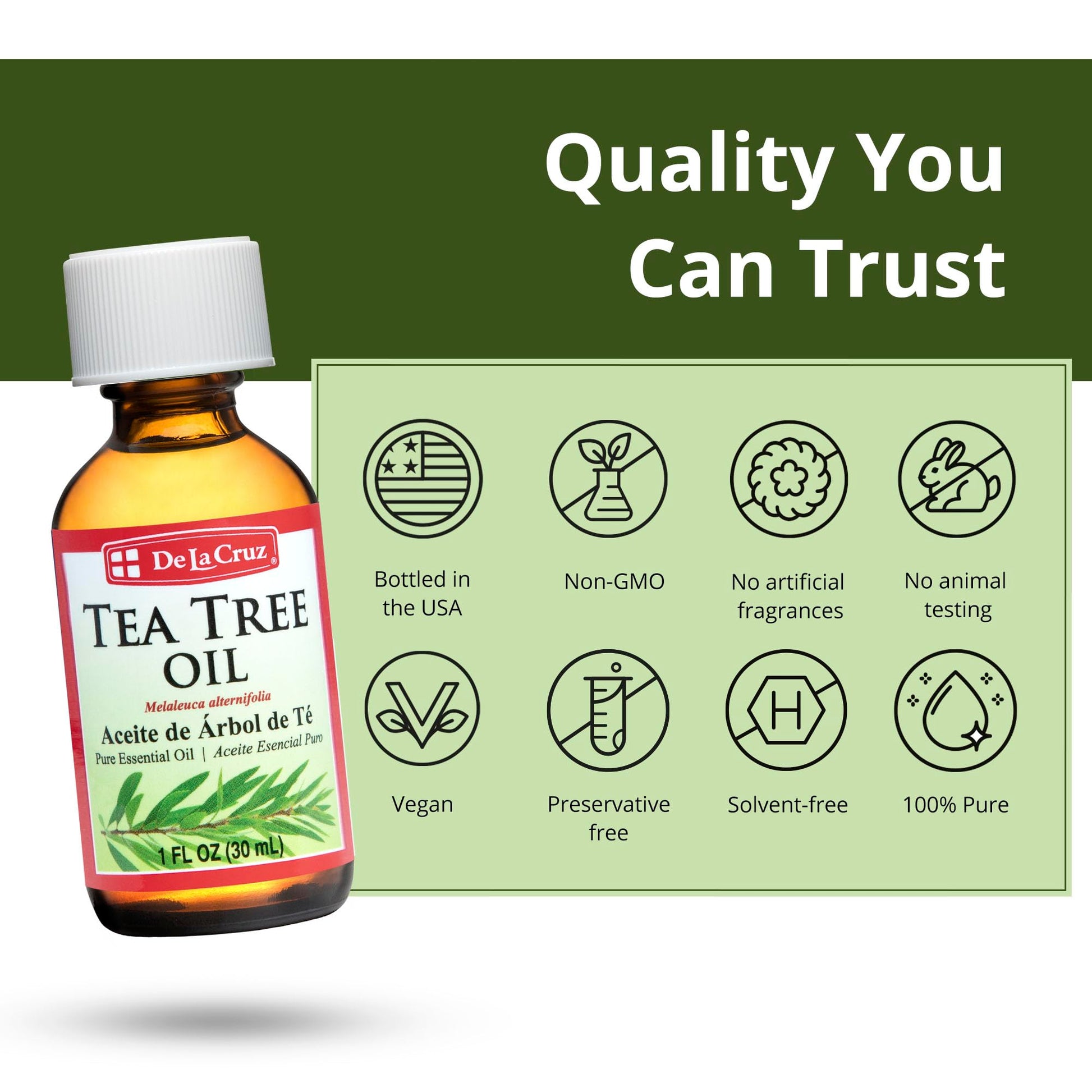 De La Cruz Australian Tea Tree Essential Oil, 100% Pure, Steam-Distilled, Bottled in USA 1 FL. OZ.
