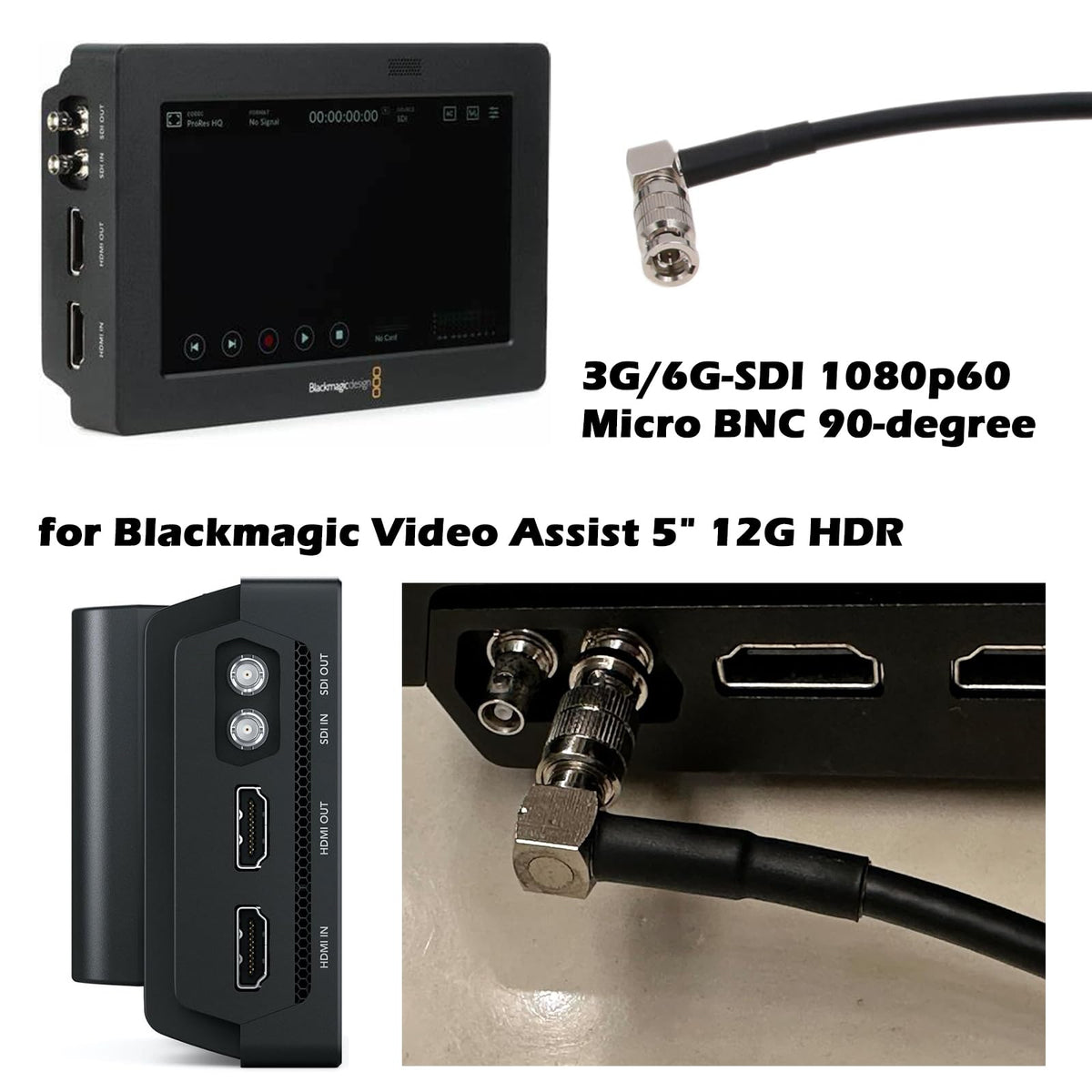 Cable de Video SDI 6G HangTon Negro Ángulo Recto HD para Monitor Blackmagic Video Assist 4K de 5 Pulgadas 4096x2160p @30