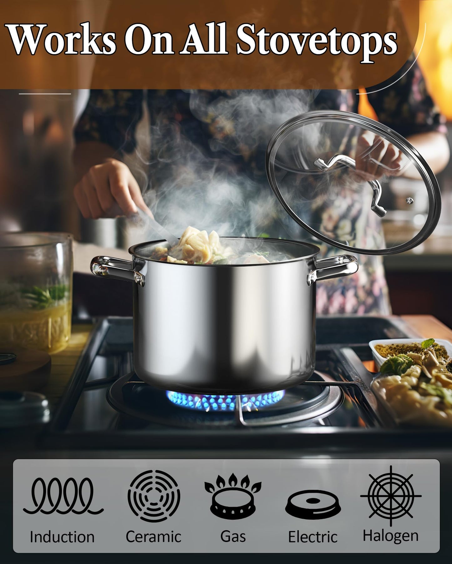 Cook N Home Juego de utensilios de cocina de acero inoxidable con revestimiento de tres capas, juego de cocina con tapas de vidrio templado, listo para inducción, apto para lavaplatos, plateado