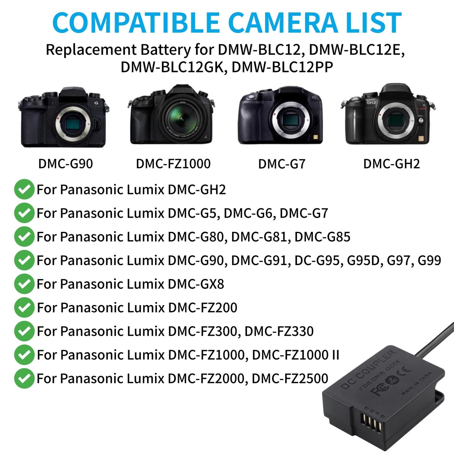 Kimaru DMW-DCC8 DC Coupler DMW-AC8 AC Power Adapter DMW-BLC12 Dummy Battery Kit para cámaras Lumix DMC-GH2 G5 G6 G7 G80 G81 G85 G5X GX8 FZ300 FZ1000 FZ2500 DC-G90 G95 G99.