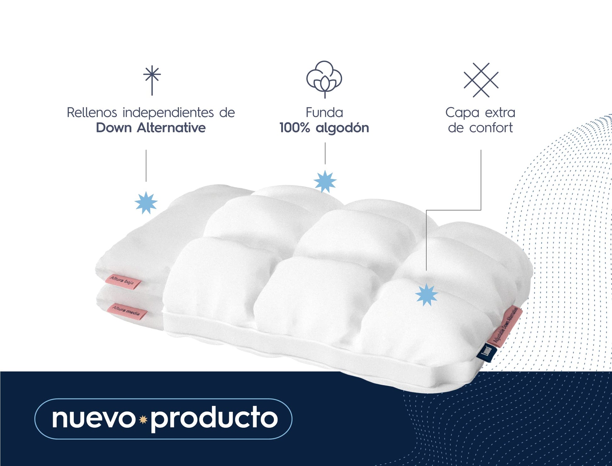 Luuna Almohada Ajustable Down Alternative, Funda 100% algodón, Alto Confort y Relleno Ajustable, Hipoalergénica y antiácaros, Blanco, King Size