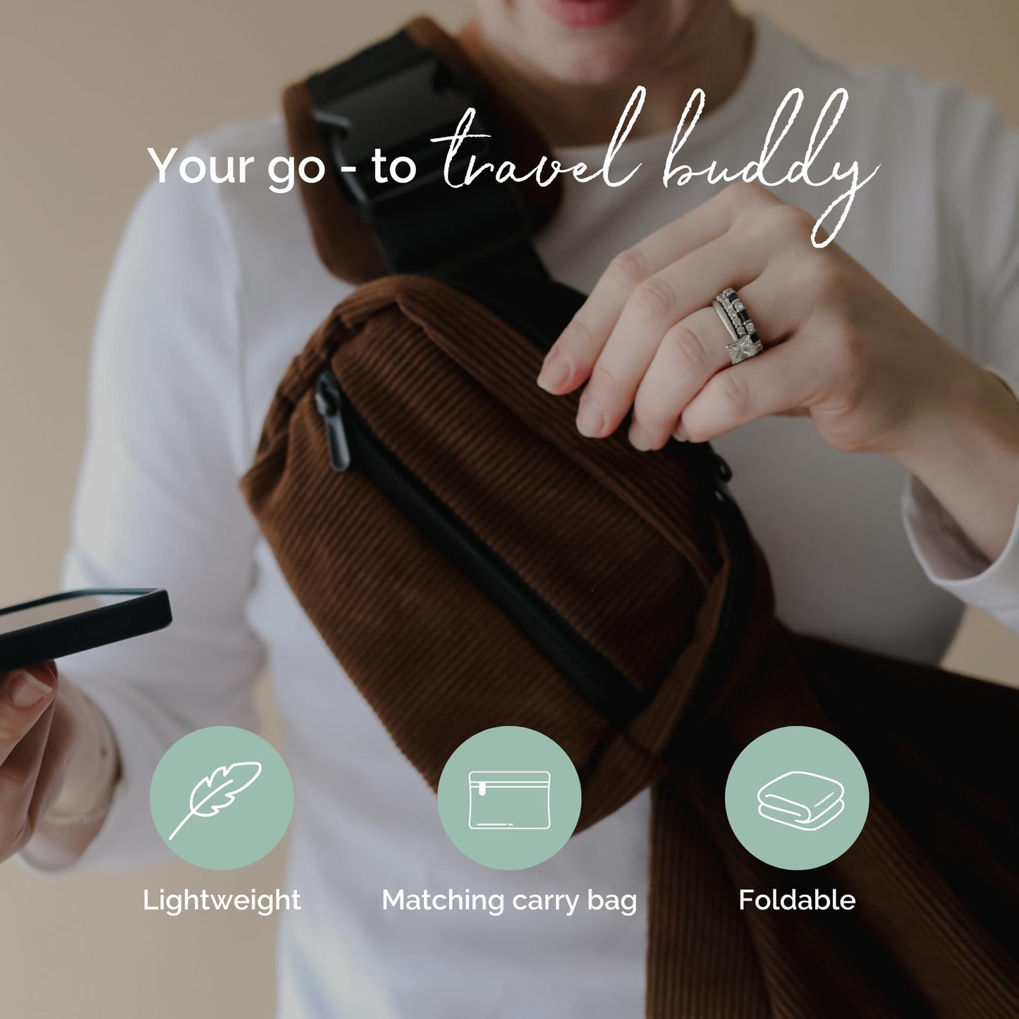 Boba Buddy - Sling portabebés de algodón de pana para bebé, ergonómico con correas ajustables, hebilla de seguridad y asiento espacioso, incluye bolsa de transporte a juego (9-48 meses/18-44 libras)