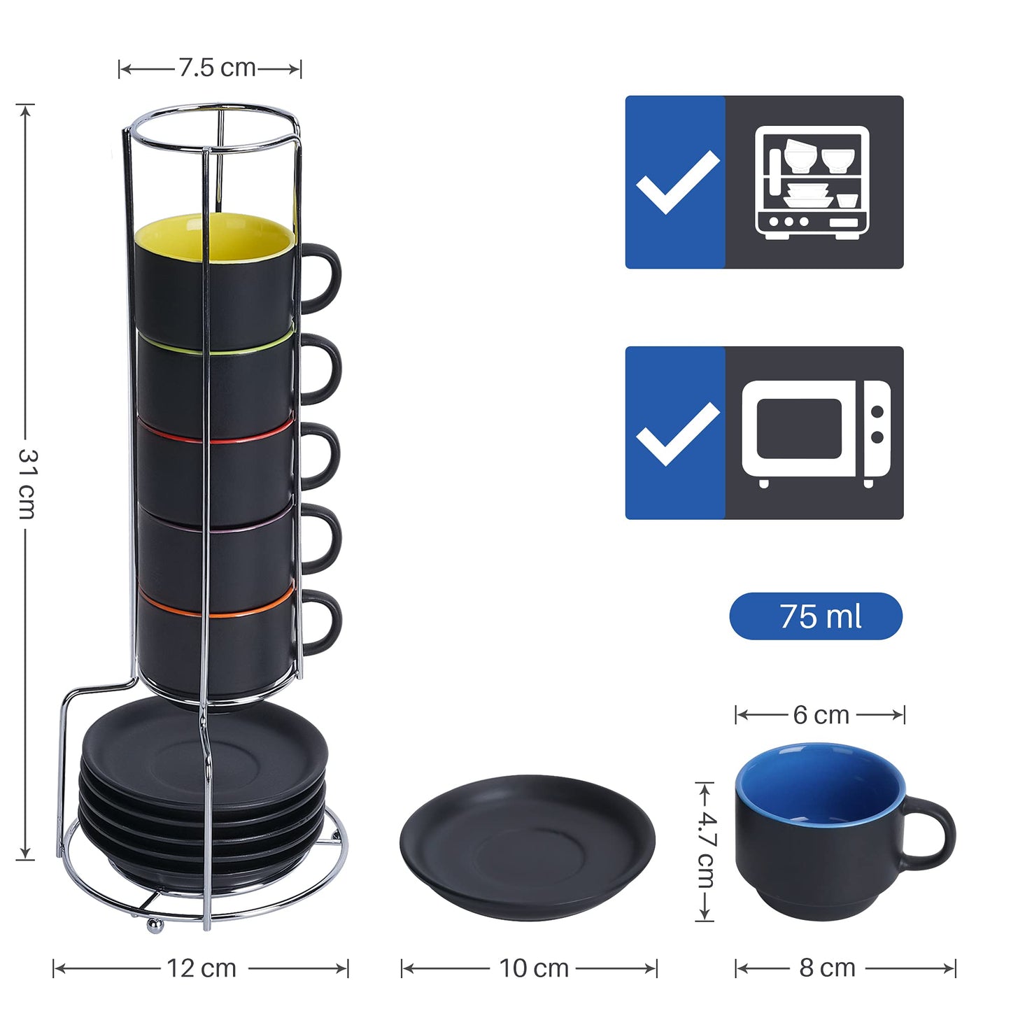 Juego de Tazas de Café Expreso MIAMIO Negro Interior Colorido 2.5 Onzas Colección Le Papillon