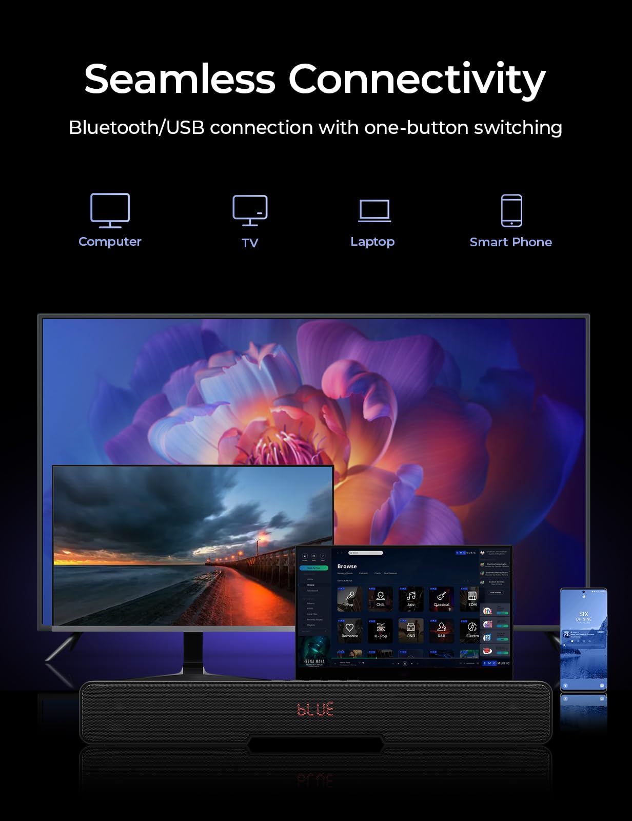 KOOSODIO Barra de sonido pequeña para TV y PC | HDMI/Opt/RCA/coaxial (cable incluido) | Conectividad AUX/USB y Bluetooth 5.0 | Altavoz compacto para TV/PC/Laptop/Tablets/Proyector | 4 modos EQ - Negro