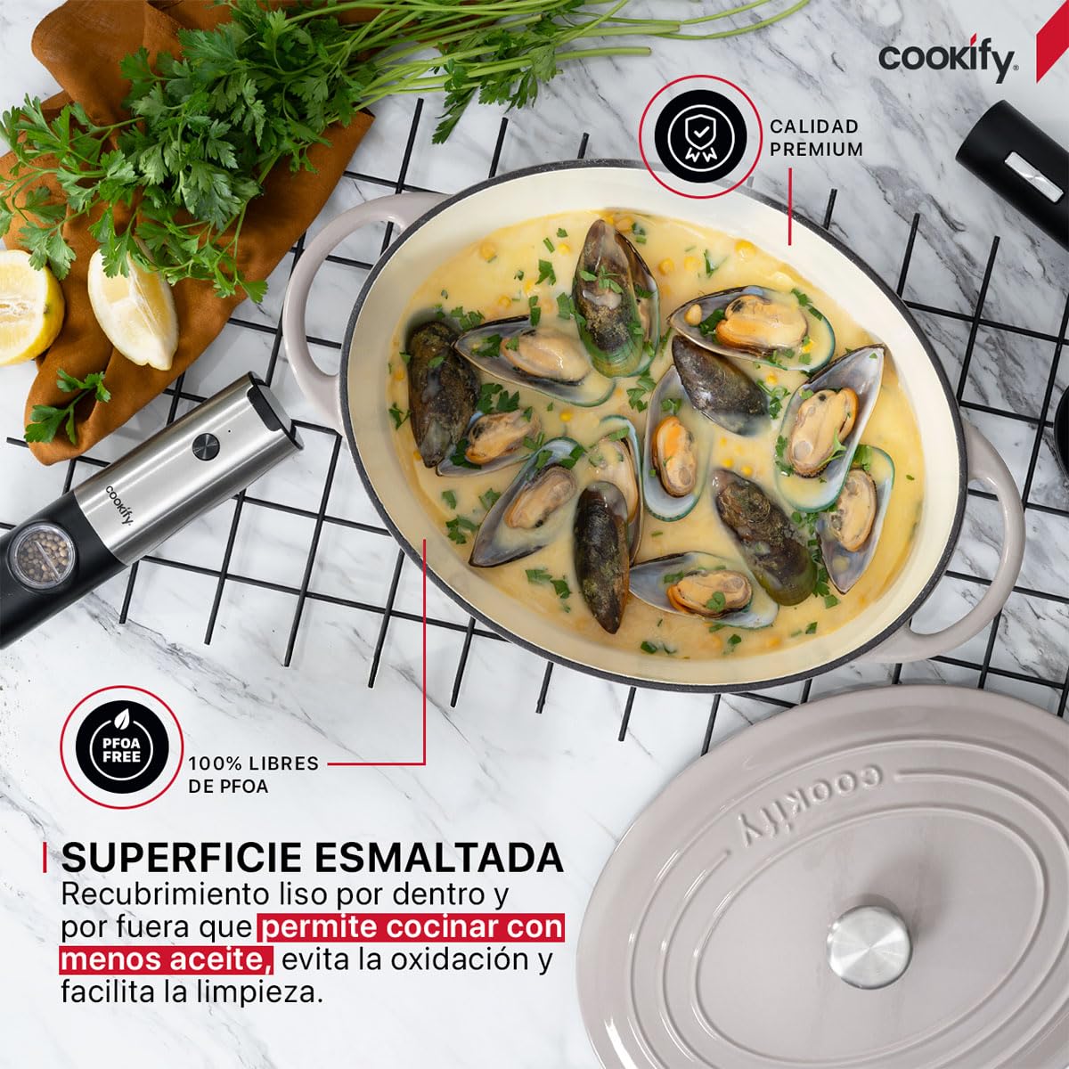 Cookify Olla de Hierro Fundido Esmaltado para Horno y Estufa, Horno Holandés Capacidad 7 Litros Dutch Oven (Taupe, 35 cm)