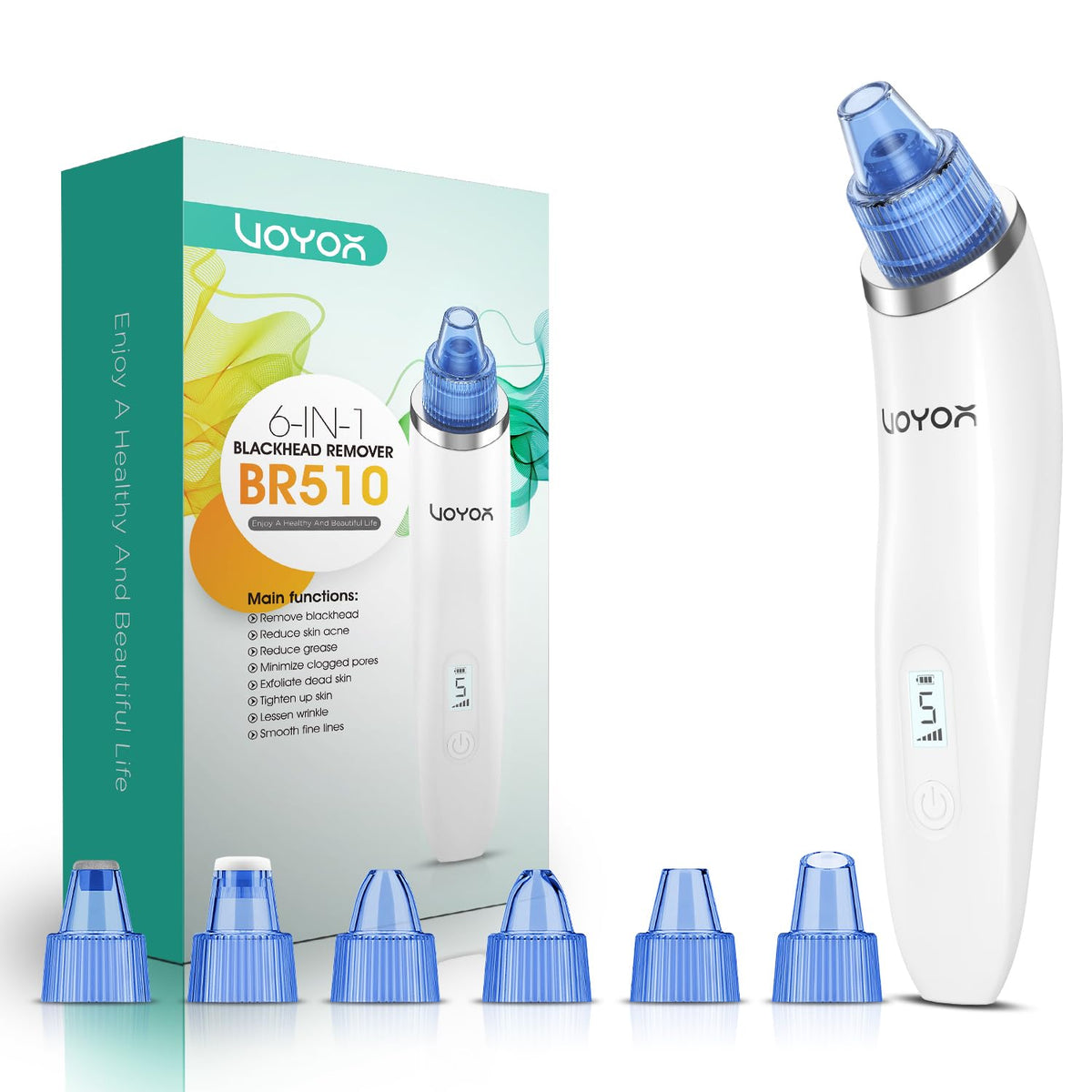 VOYOR Blackhead Remover Vacuum Suction Facial Pore Cleaner Electric Acne Comedone Extractor Kit with 6 Suction Head and LCD Screen Display for Women and Men Black Heads Extraction BR510