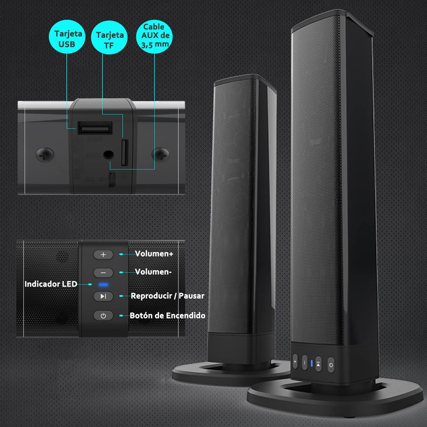 JESUS Barra de Sonido Bluetooth 2 en 1, 4 Desmontable, para TV con Interfaz RCA/AUX 3,5 mm, Compatible con TV, computadora, Tableta, móvil