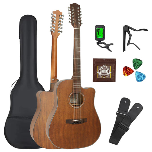 BREEZEE Guitarra Acústica Docerola de 42 Pulgadas, 12 Cuerdas, Fabricada en Nogal Incluye Accesorios, Set de Cuerdas Extra, Funda Transportadora, Capo, Correa, Plumillas y Afinador, Guitarra de Abeto