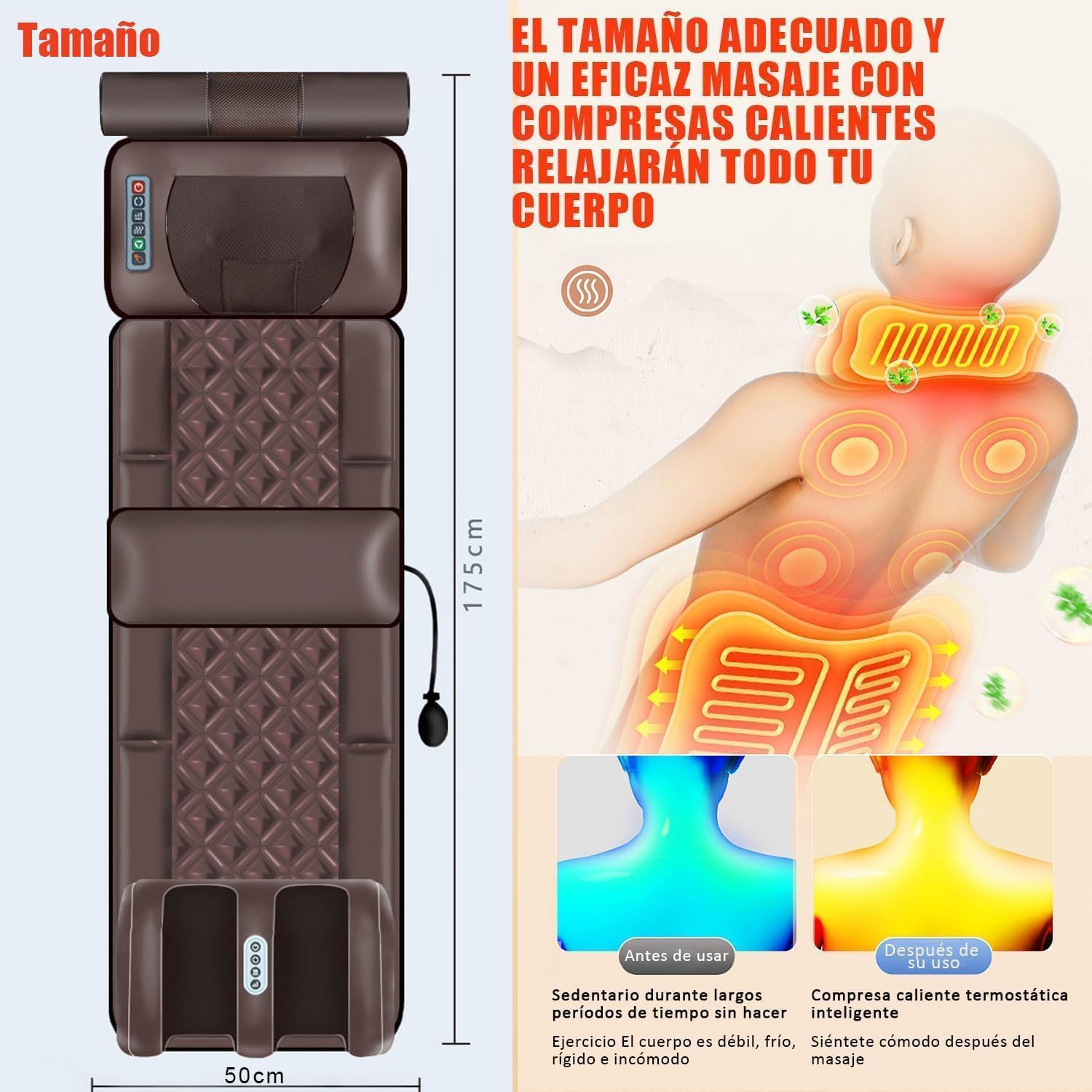Mythya Cojín de Masaje Eléctrico, Masajeador de Cuerpo Completo, Colchoneta de Masaje con Calefacción, Almohadilla Masajeador de Espalda con Motores de Vibración, Máquina de Masaje de Piernas y Pies