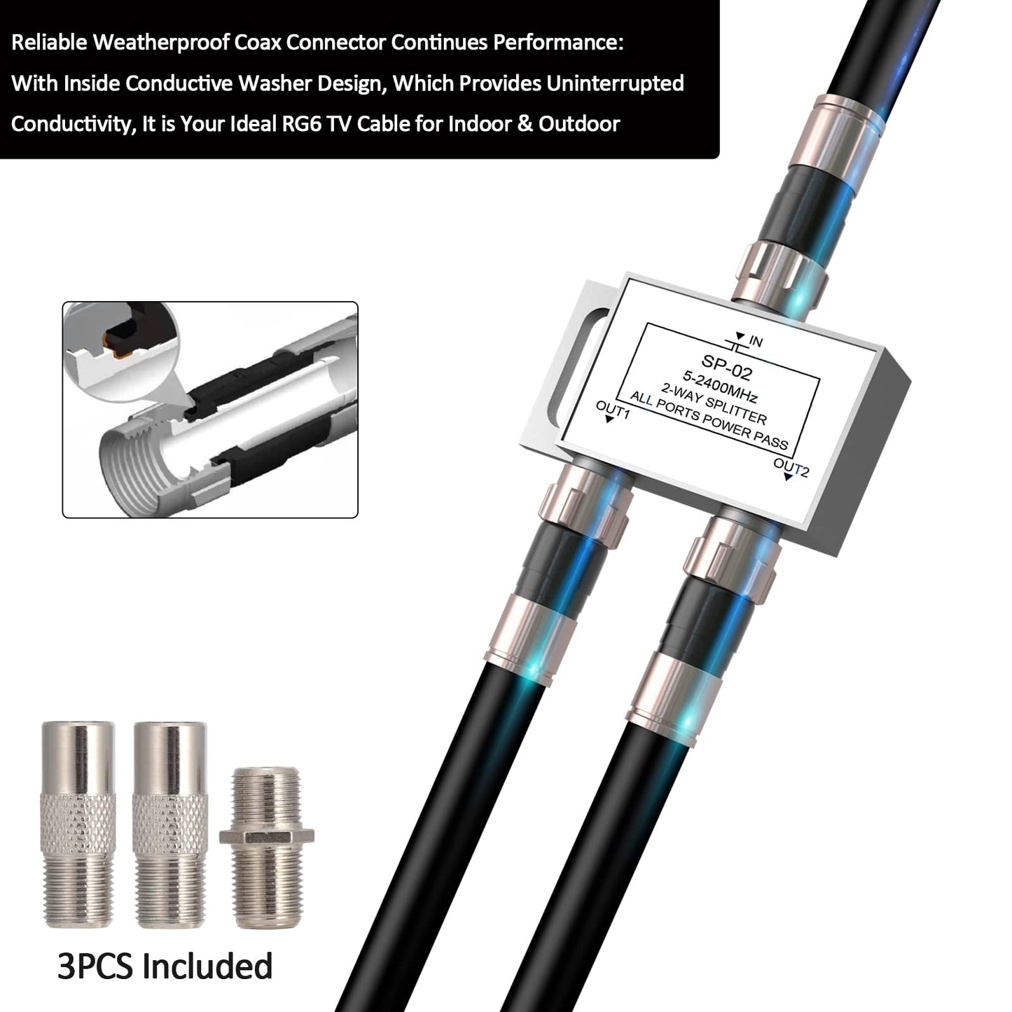 RELIAGINT - Cable coaxial RG6 negro de 75 ohmios con conector F, adaptador doble hembra F81, cable coaxial de alta velocidad de baja pérdida para TV HD, antena parabólica, satélite, antena, cable de