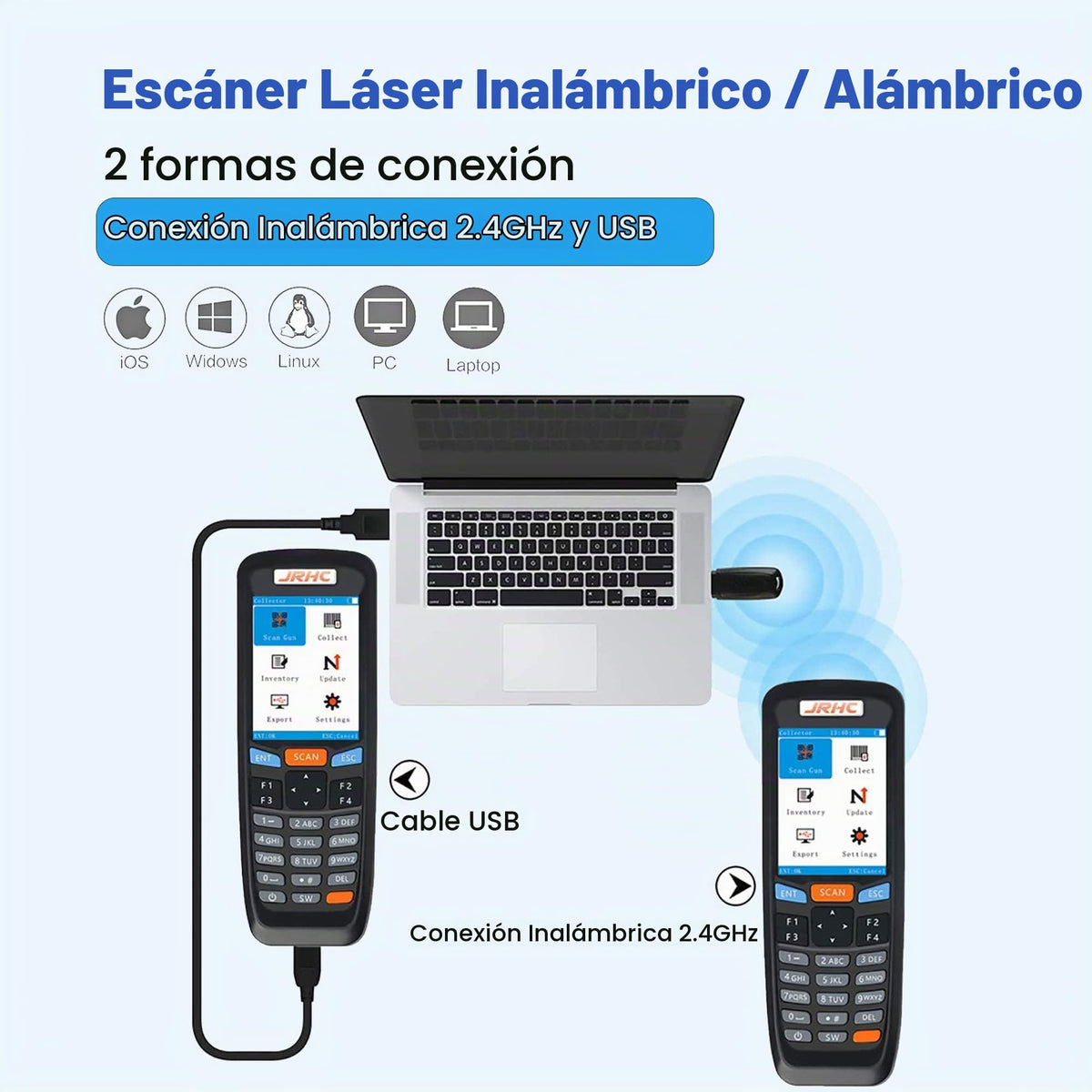 Escáner de Código de Barras 1D JRHC Inalámbrico con Recolector de Datos de Visualización para Tienda