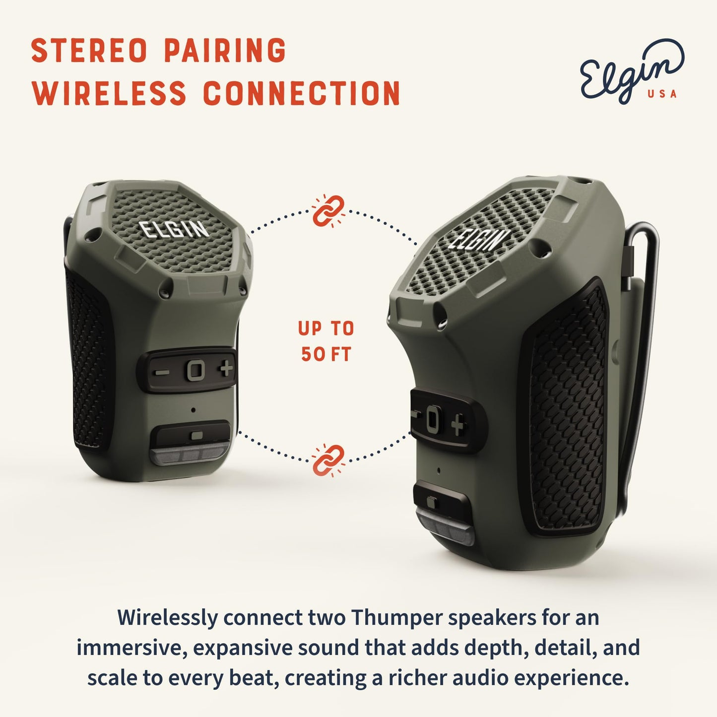 Elgin Thumper Mini Altavoz Bluetooth Portátil, 35 Horas de Duración de Batería, Alcance Inalámbrico de 15 m, Resistente al Agua, Montura Magnética y Diseño de Clip con Luz de Trabajo LED para Sitio de