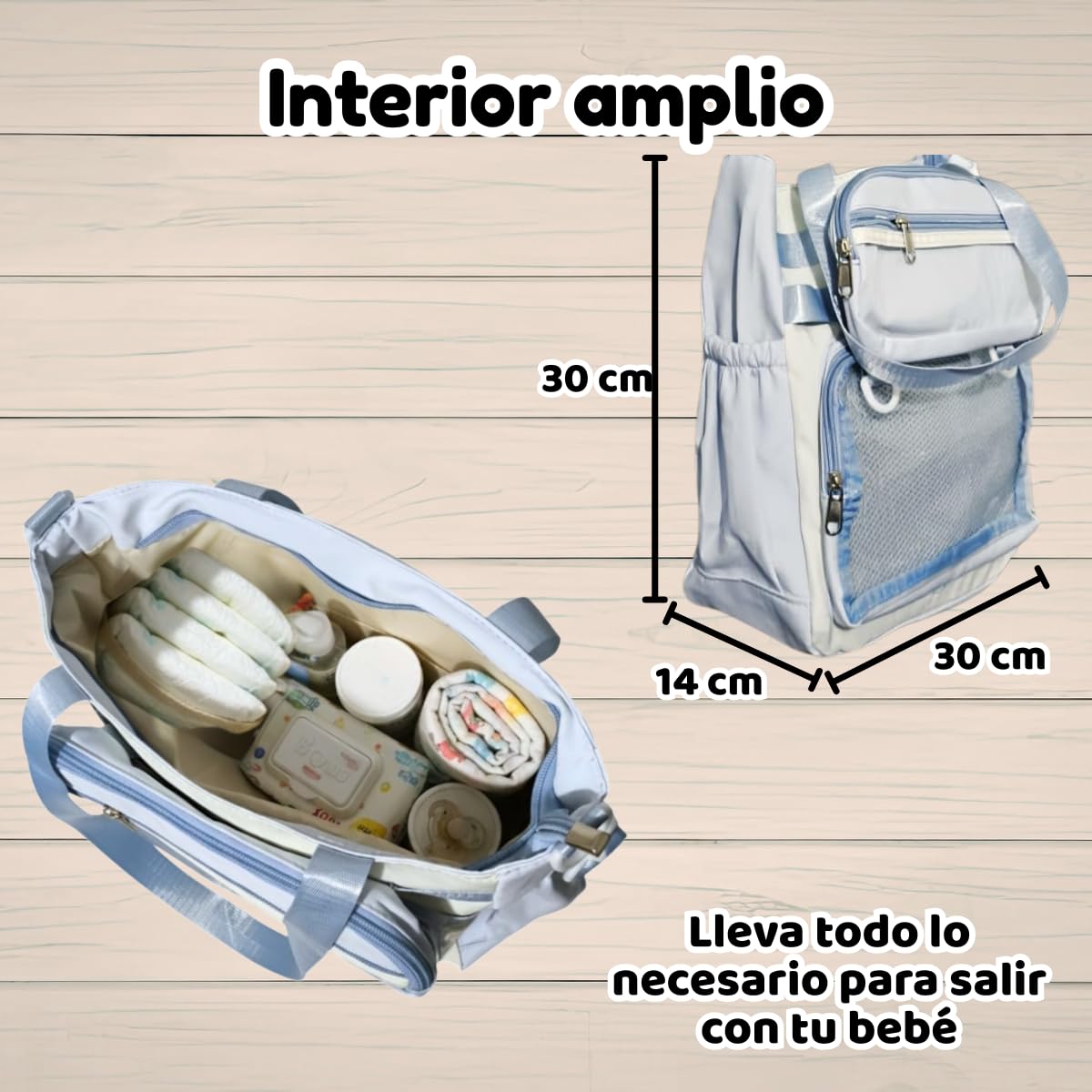 Mochila Pañalera Moderna Multifuncional de Nylon con Ventanas Transparentes, Bolsa Organizadora Urbana Ligera y Compacta para Bebé, Bolsas laterales, Bolsita y Asa Removibles (Celeste)