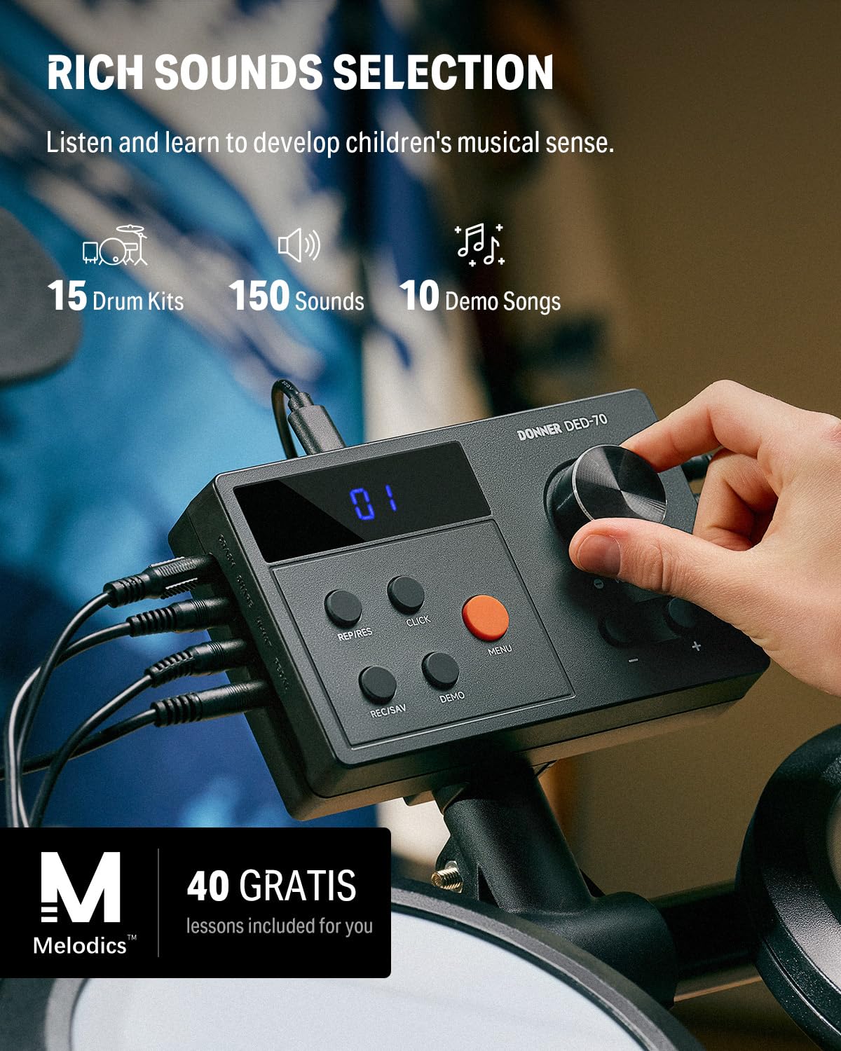 Donner DED-70 NEW Batería eléctrica nueva batería electrónica para principiantes con 150 sonidos, 4 pads de malla silenciosos, platillos de 9", MIDI USB, 2 pedales, trono, auriculares, baquetas