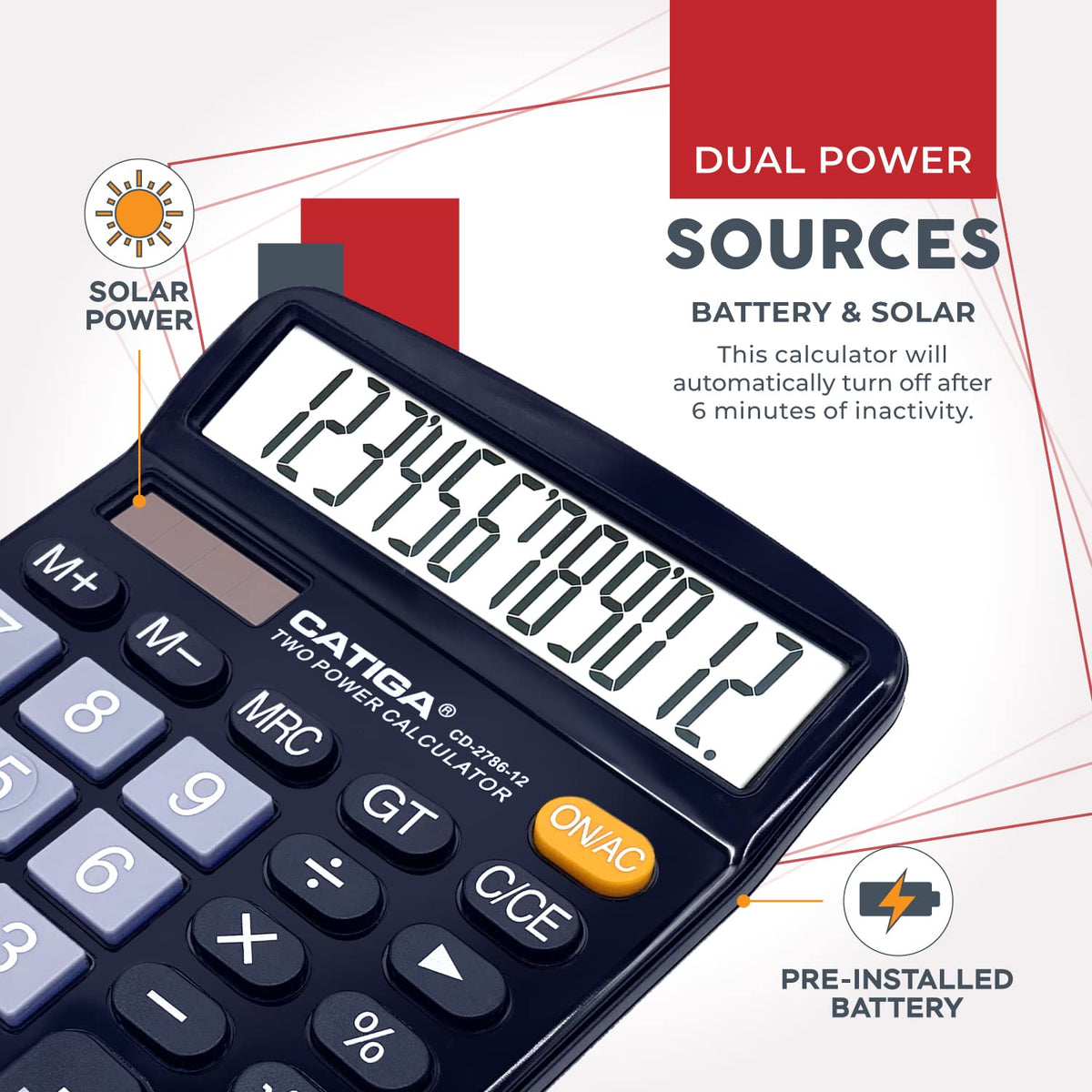 Calculadora de Escritorio CATIGA Negro Pantalla LCD Grande Energía Dual Solar y Batería (2 Unidades)