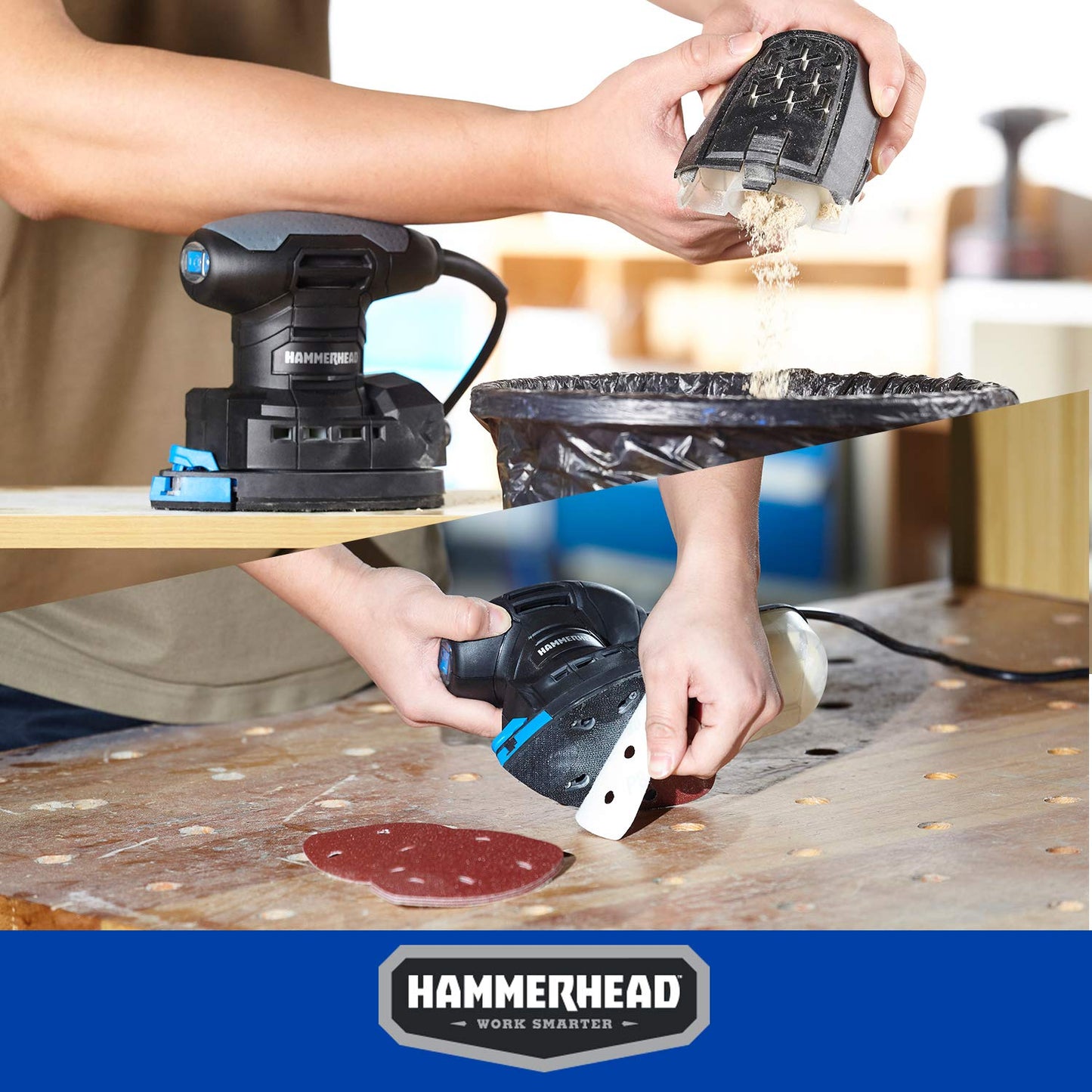 Hammerhead Lijadora de detalles multifunción de 1,4 amperios con 12 piezas de papel de lija, sistema de recogida de polvo y accesorio de detalle - HADS014