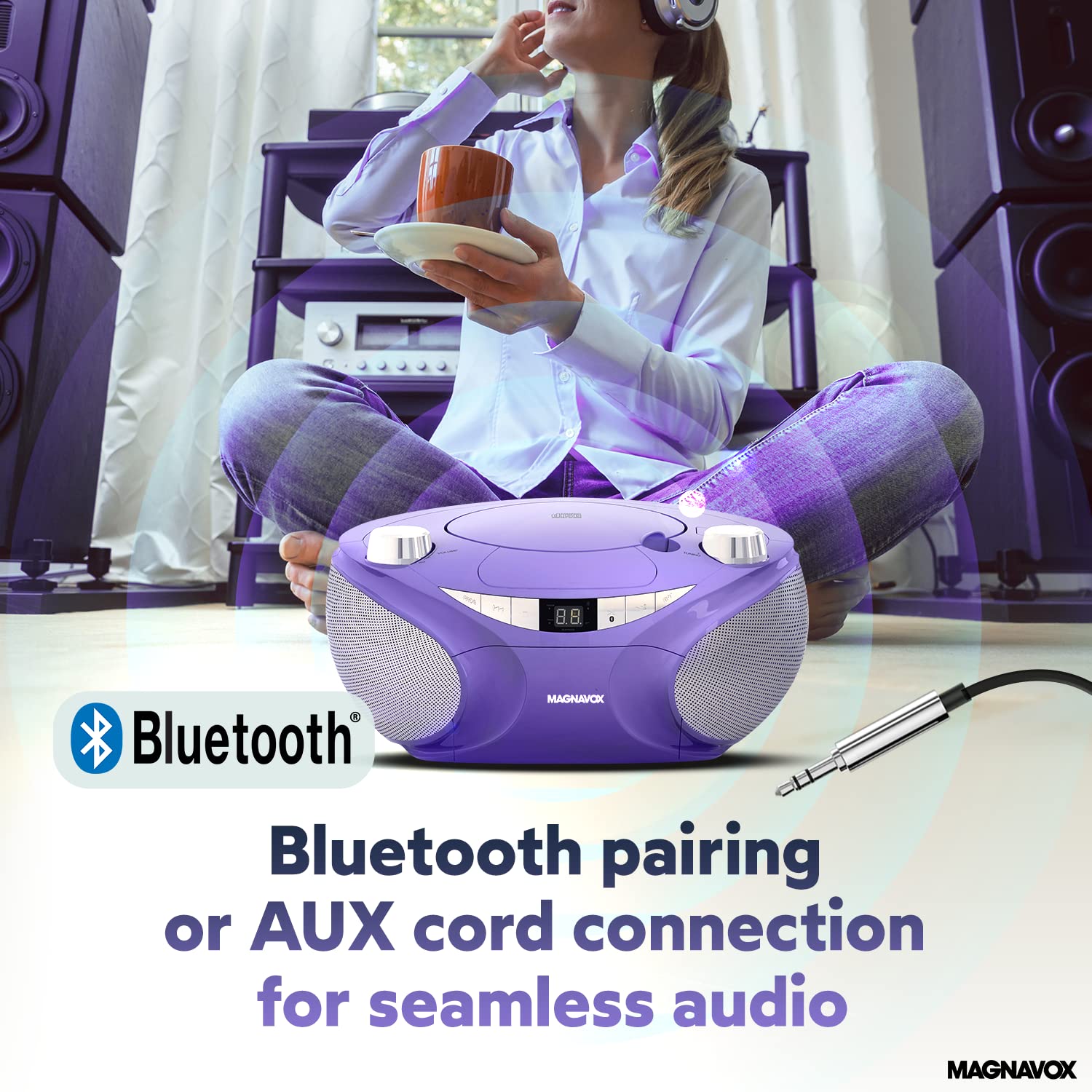 Magnavox MD6949-PL - Boombox portátil de carga superior con radio estéreo AM/FM y tecnología inalámbrica Bluetooth en color morado | Compatible con CD-R/CD-RW | visualización LED |
