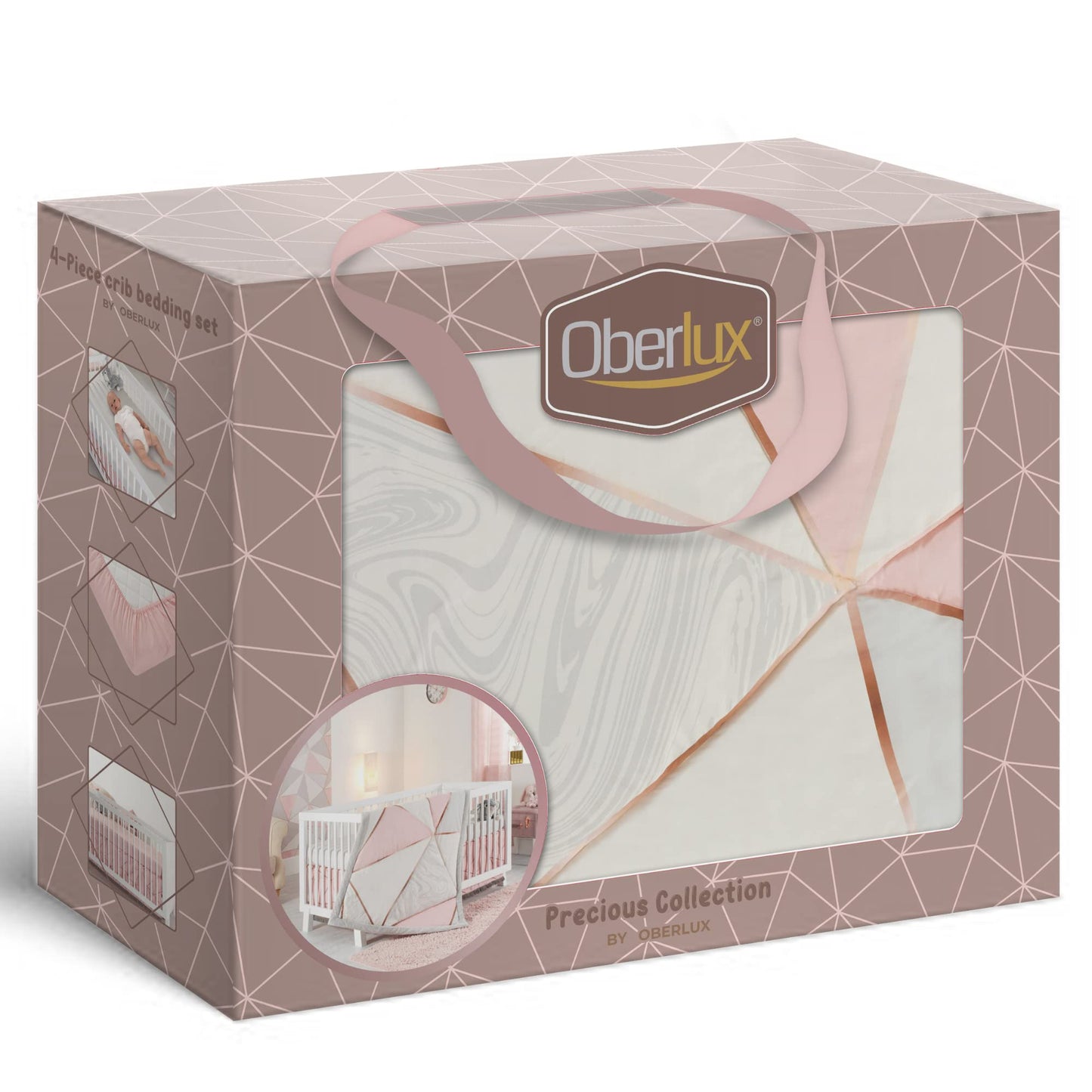 OBERLUX Juego de ropa de cama para cuna para niñas, juego de cama de 4 piezas, geométrico, oro rosa, rosa polvo y mármol, colección preciosa