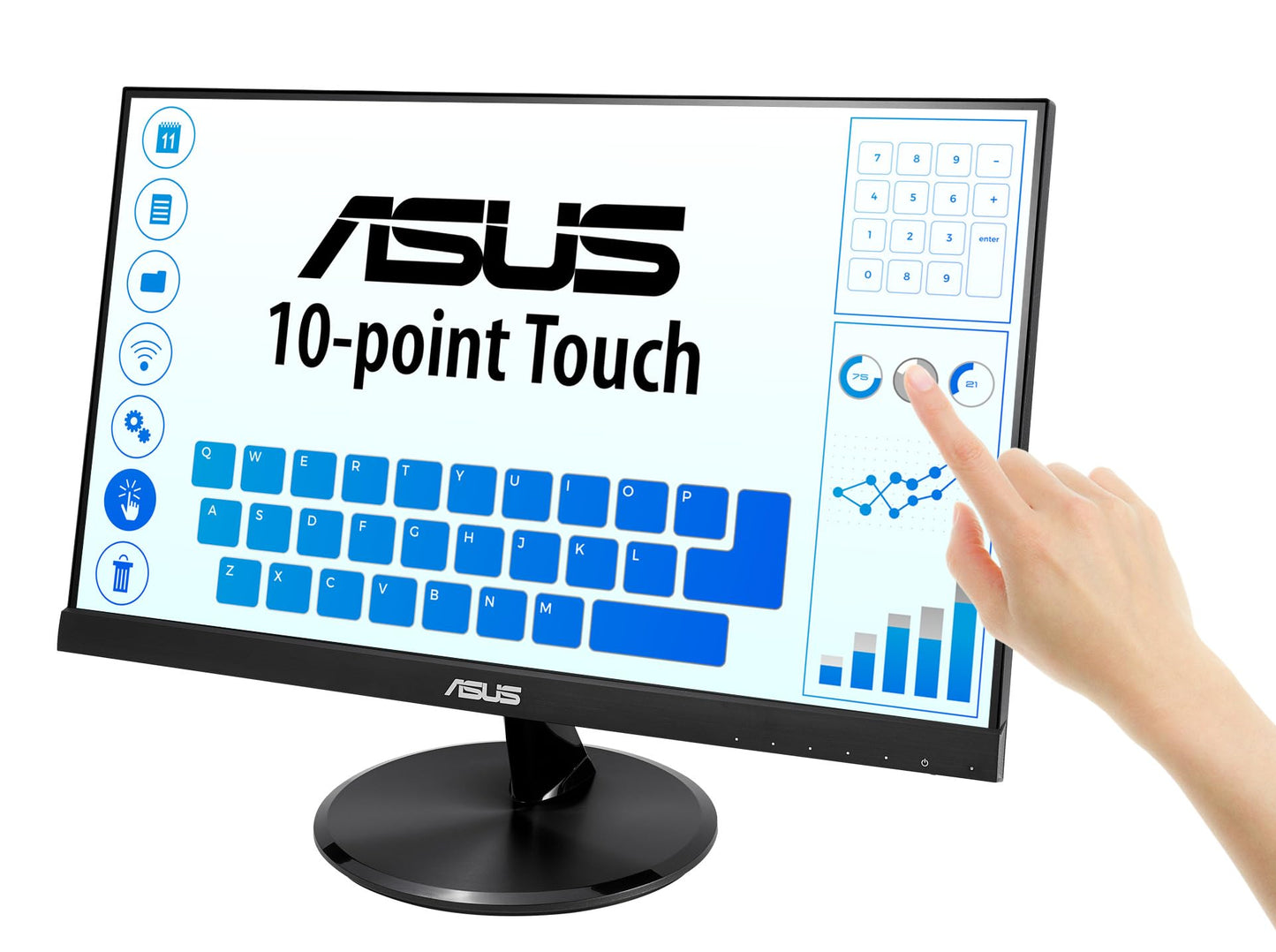 Asus Monitor Touch 21.5" VT229H, Full HD (1920 x 1080), 10 Puntos táctiles, panel IPS, sin marco, antiparpadeo, Filtro de luz Azul, HDMI, dureza 7H