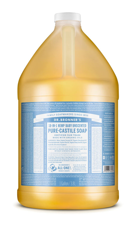 Dr. Bronner's | Jabón de castilla orgánico, fórmula concentrada, ideal para bebés, piel atópica, con psoriasis o dermatitis, biodegradable - Sin Aroma 3.8 L