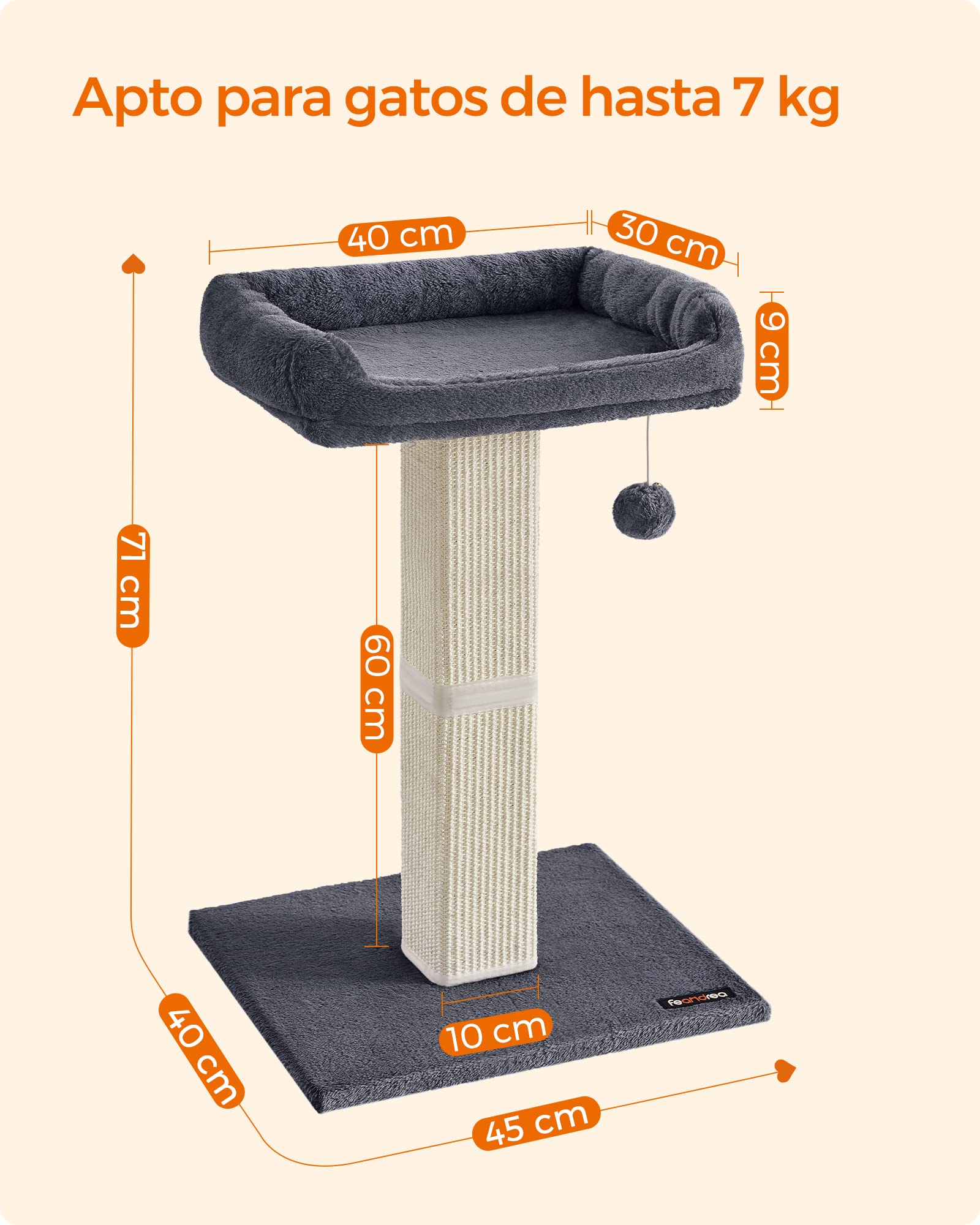 Feandrea Rascador para Gatos, Árbol para Gatos, Altura de 68 cm, Poste de Rascado con Plataforma, Poste de Sisal, con Pompón, Gris Oscuro MPCA022G01