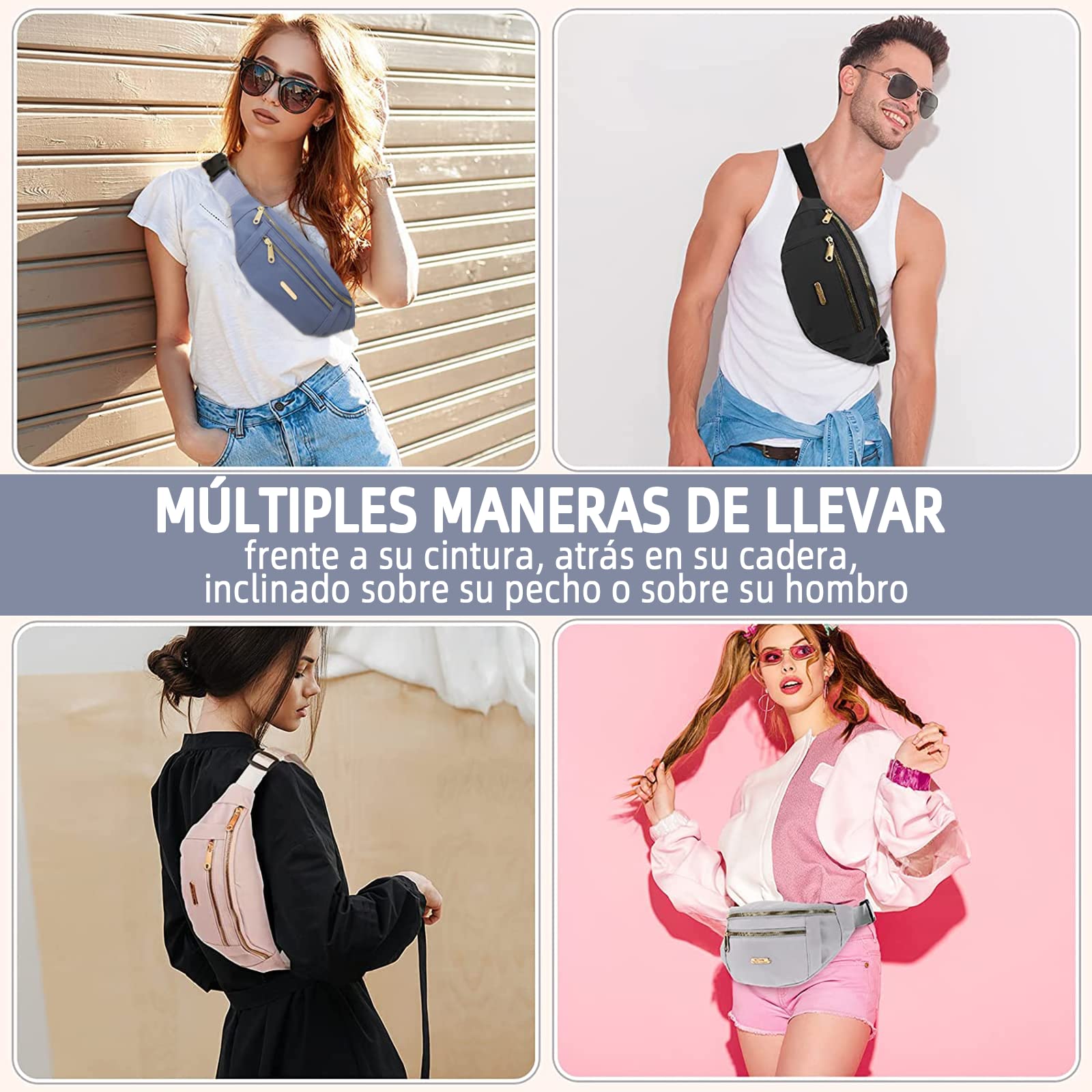 Cangurera PKDEF Negra Deportiva con Cinturón Impermeable Ajustable para Mujer
