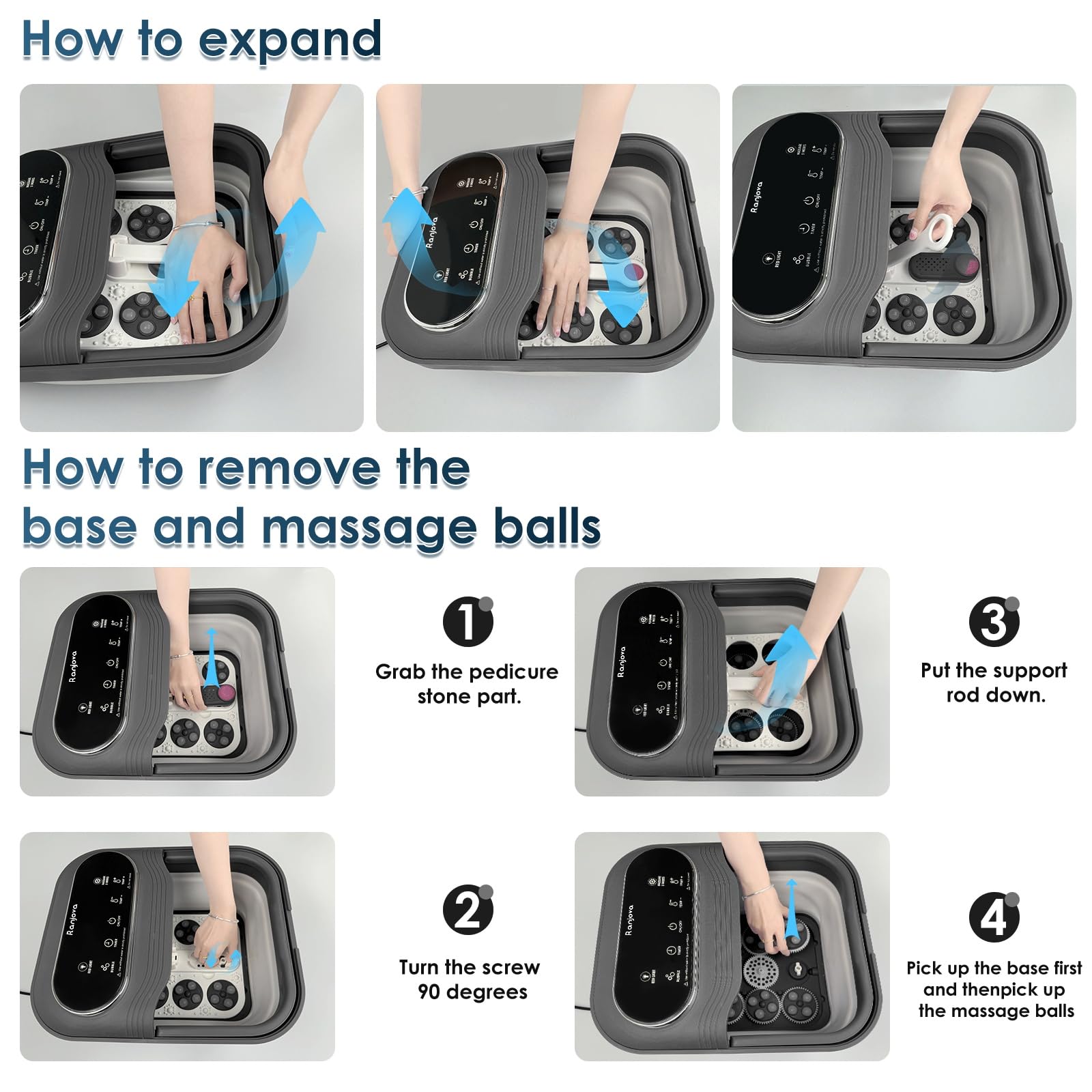 Baño de Pies Ranjova Eléctrico con Masaje Giratorio y Burbujas, Plegable con Calor y 24 Bolas de Shiatsu Motorizadas