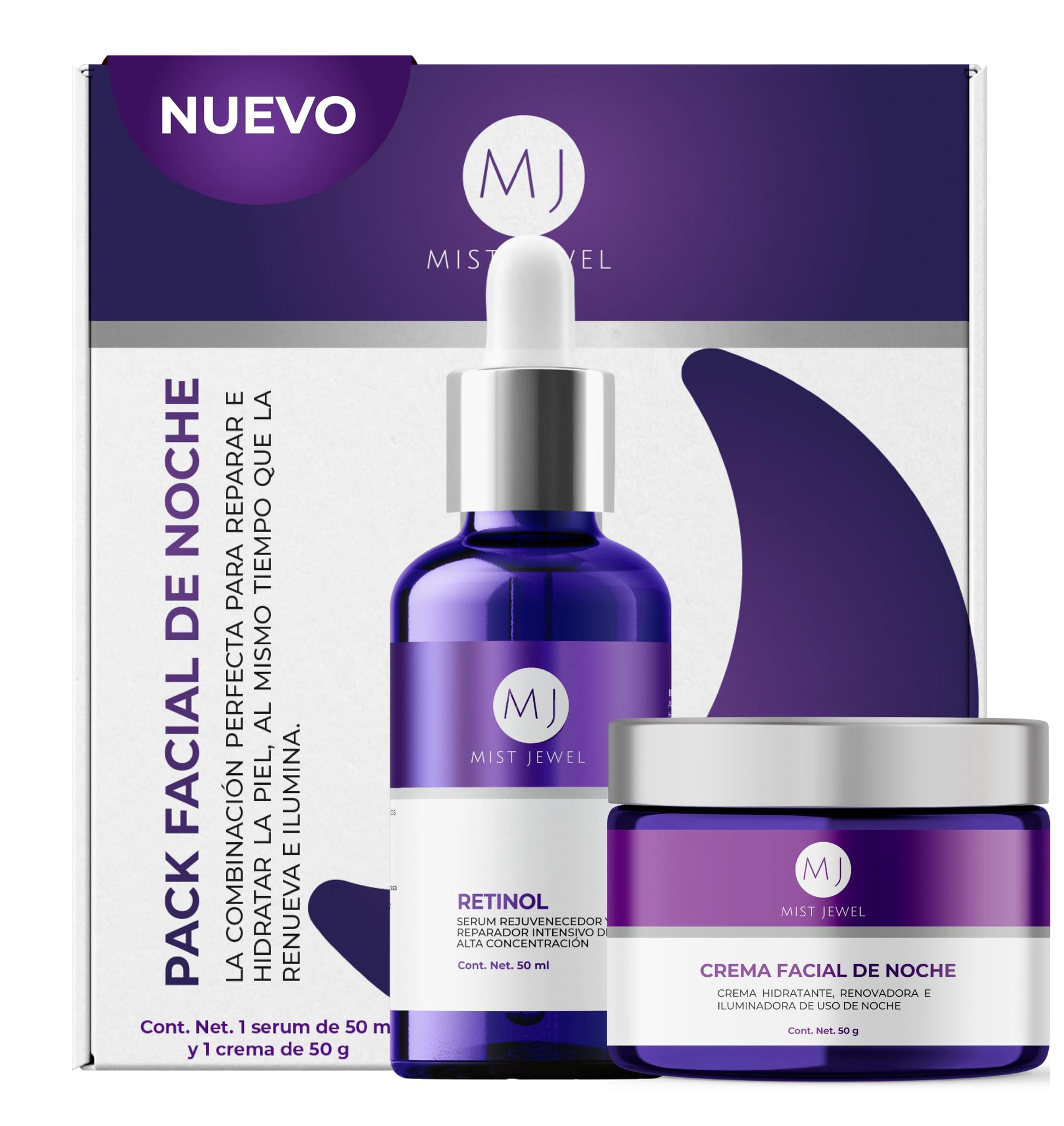 MIST JEWEL | Pack facial de noche con serum retinol 50ml y crema nocturna 50g para hombres y mujeres reparacion y renovacion | Paquete cuidado facial de suero + crema reperadora e hidratante