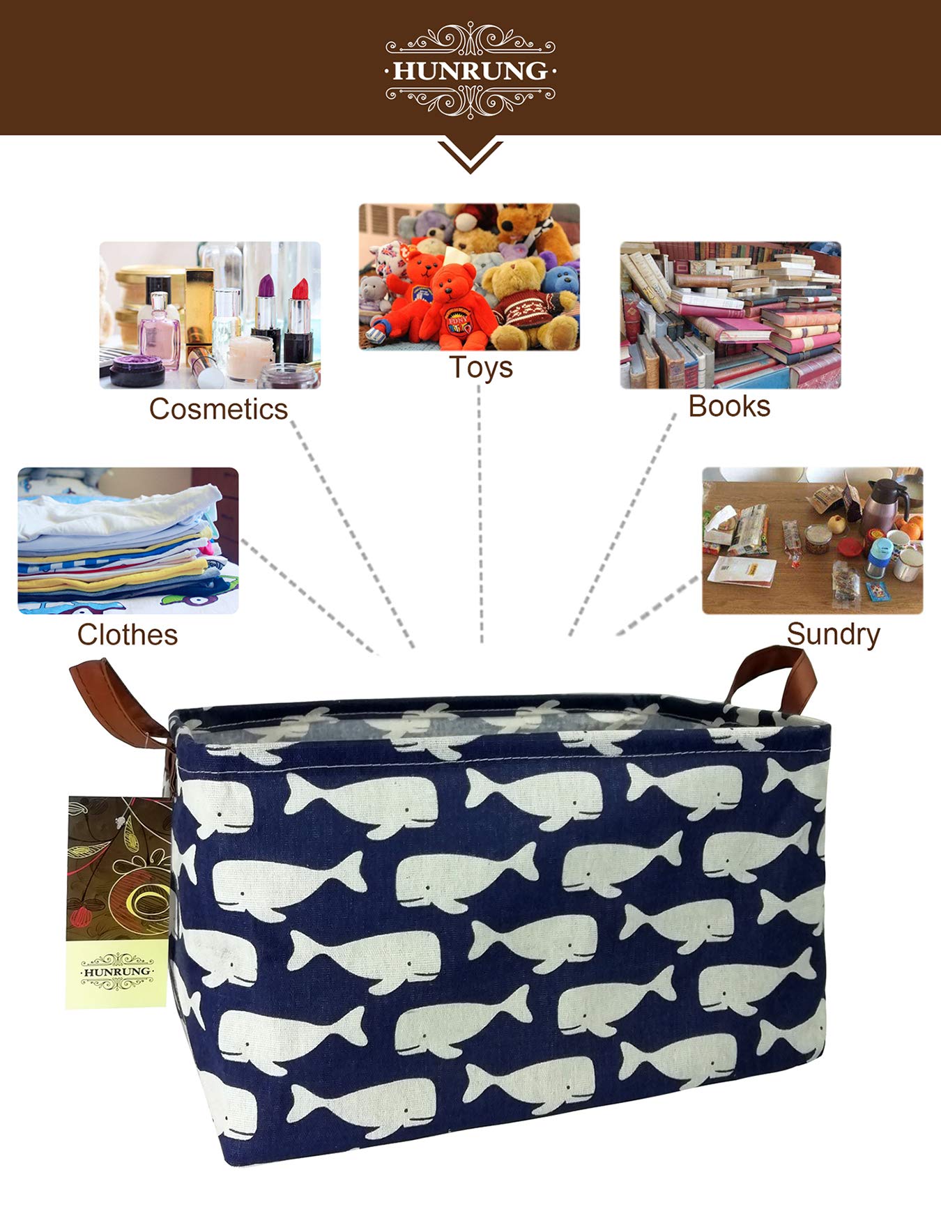 HUNRUNG Cesta de almacenamiento rectangular de lona para juguetes de mascotas/niños, libros, ropa perfecta para habitaciones infantiles/sala de juegos/estantes, Ballena (Whale), Large