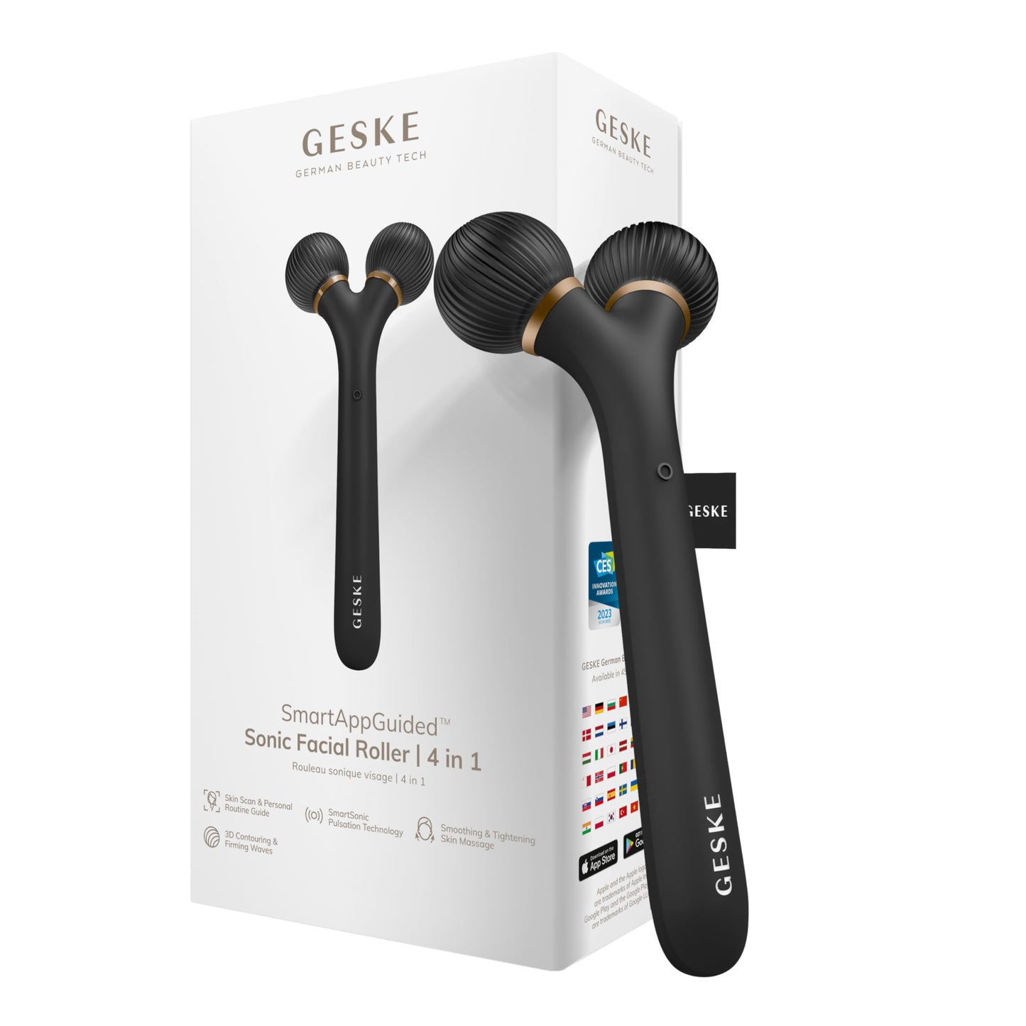 GESKE | Rodillo facial sónico SmartAppGuided™ | 4 en 1 | rodillo derma | dispositivo para la cara | rodillo derma | Rodillo facial profesional | Reafirma y define la piel del rostro