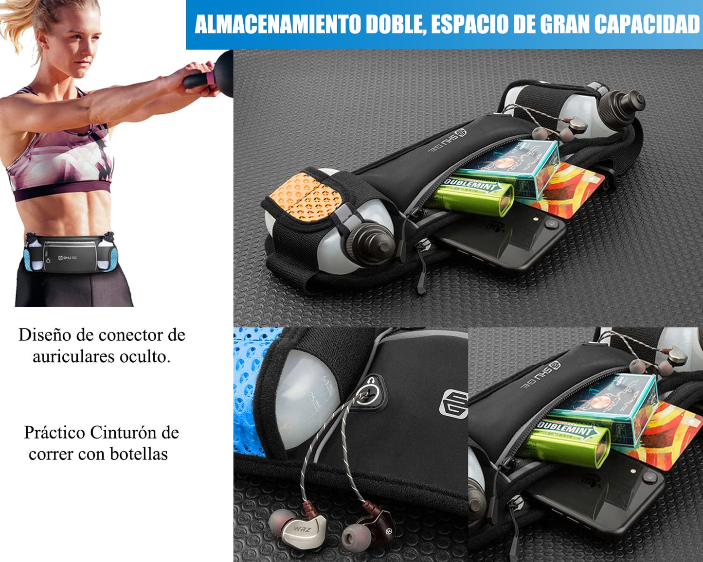 Cangurera Deportiva con Botellas de Agua Azul para Maratón y Correr