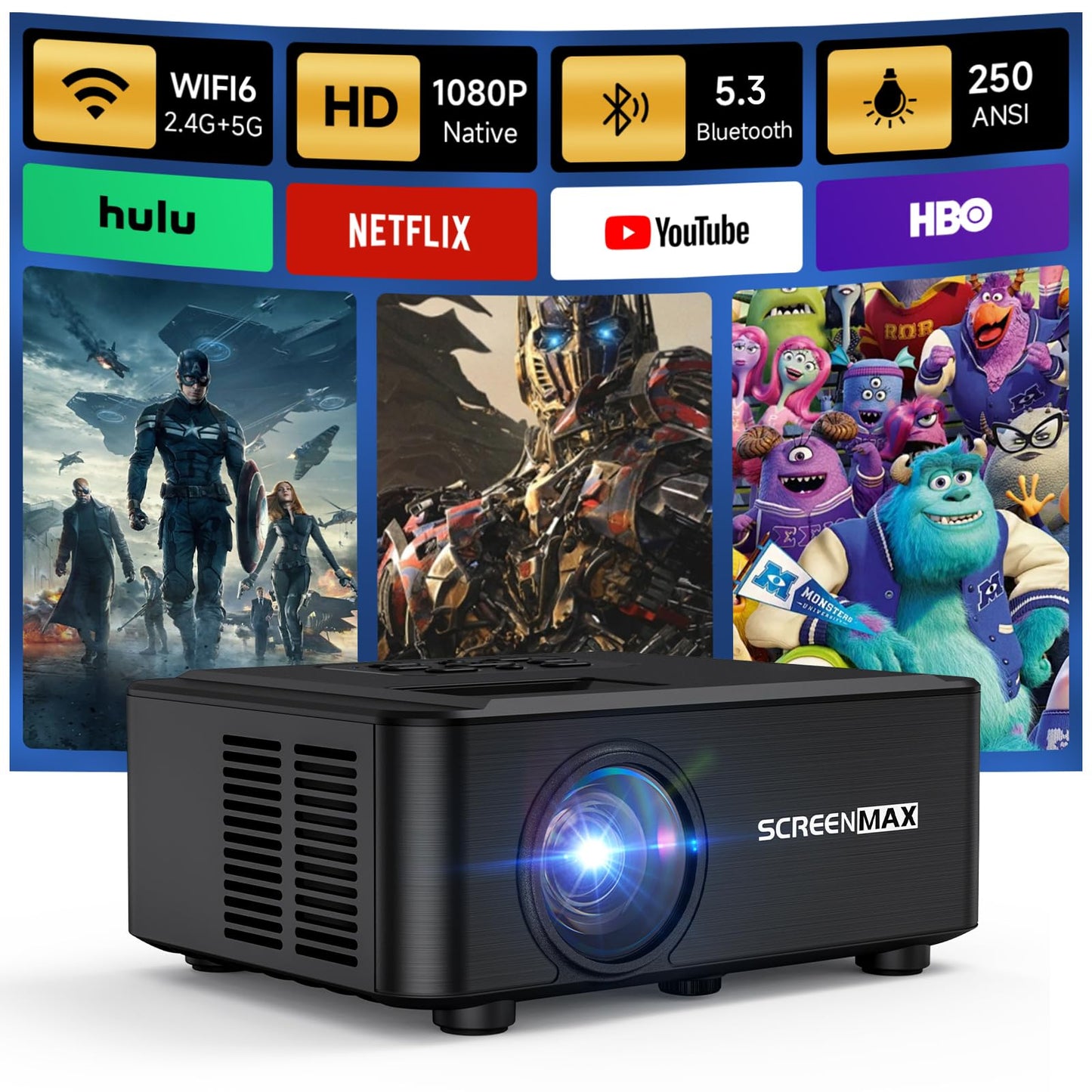 SCREENMAX Proyector con WIFI y Bluetooth, proyector nativo 1080P