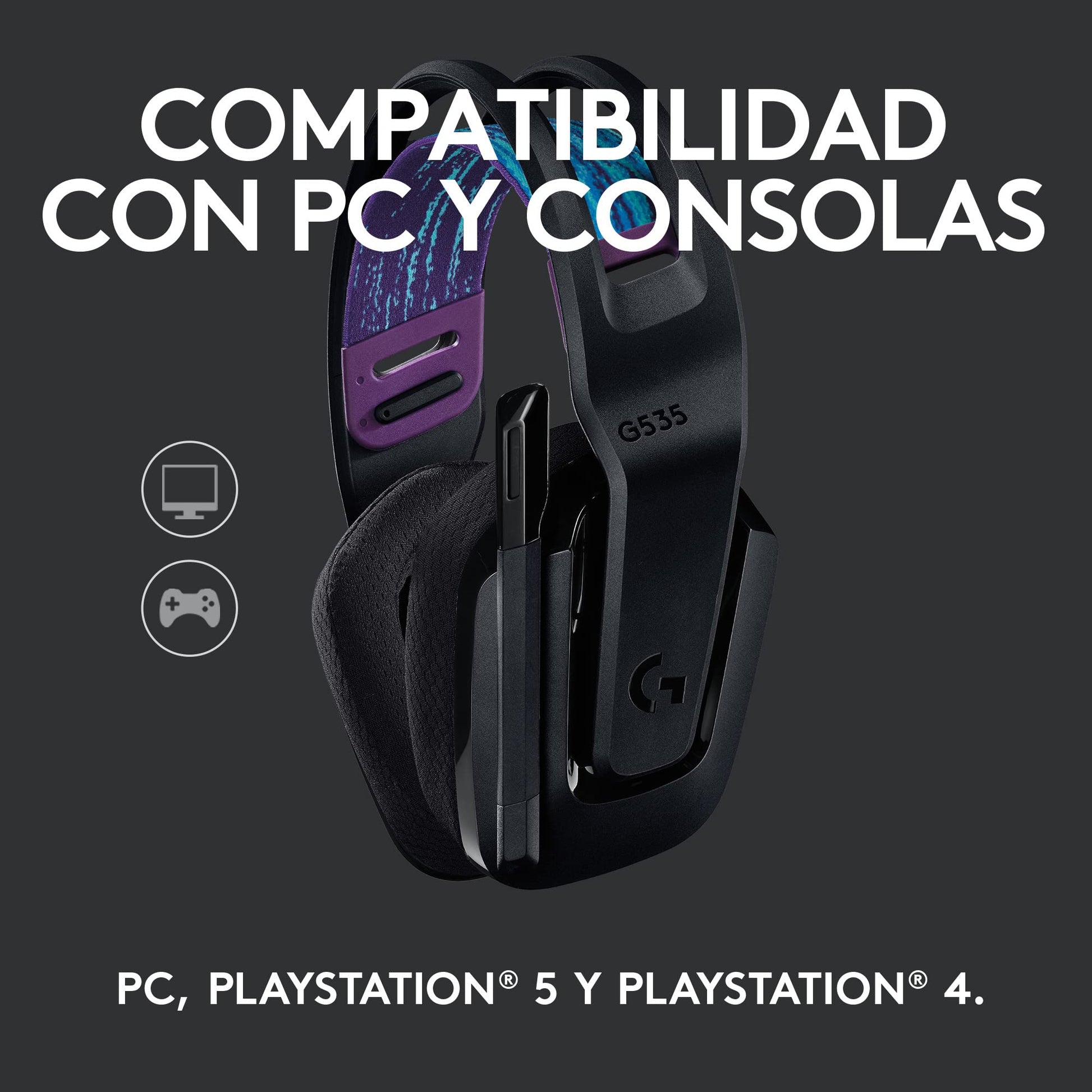 Logitech G535 Lightspeed Audífonos Inalámbricos para Gaming - Ligeros, Micrófono Volteable para silenciar, compatibles con PC, PS4, PS5, hasta 33 hrs de batería, Recargables USB - Negro