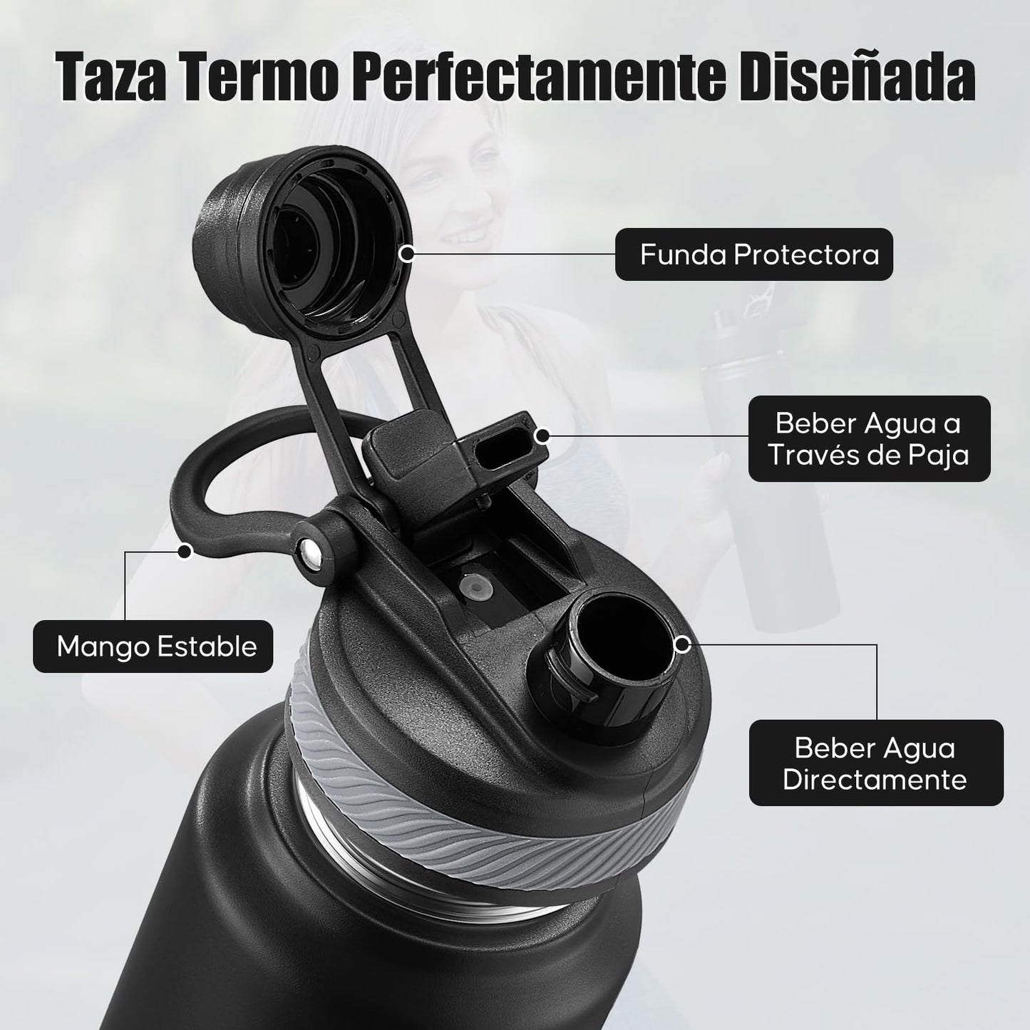 Botella Térmica de Acero Inoxidable 1200ml-Termo para Agua Fría con Tapa de Taza y Asa Portátil, Doble Aislamiento 24 Horas Frío, Sellado Hermético, Diseño Antigoteo para Deportes (Negro,1.2 Litros)