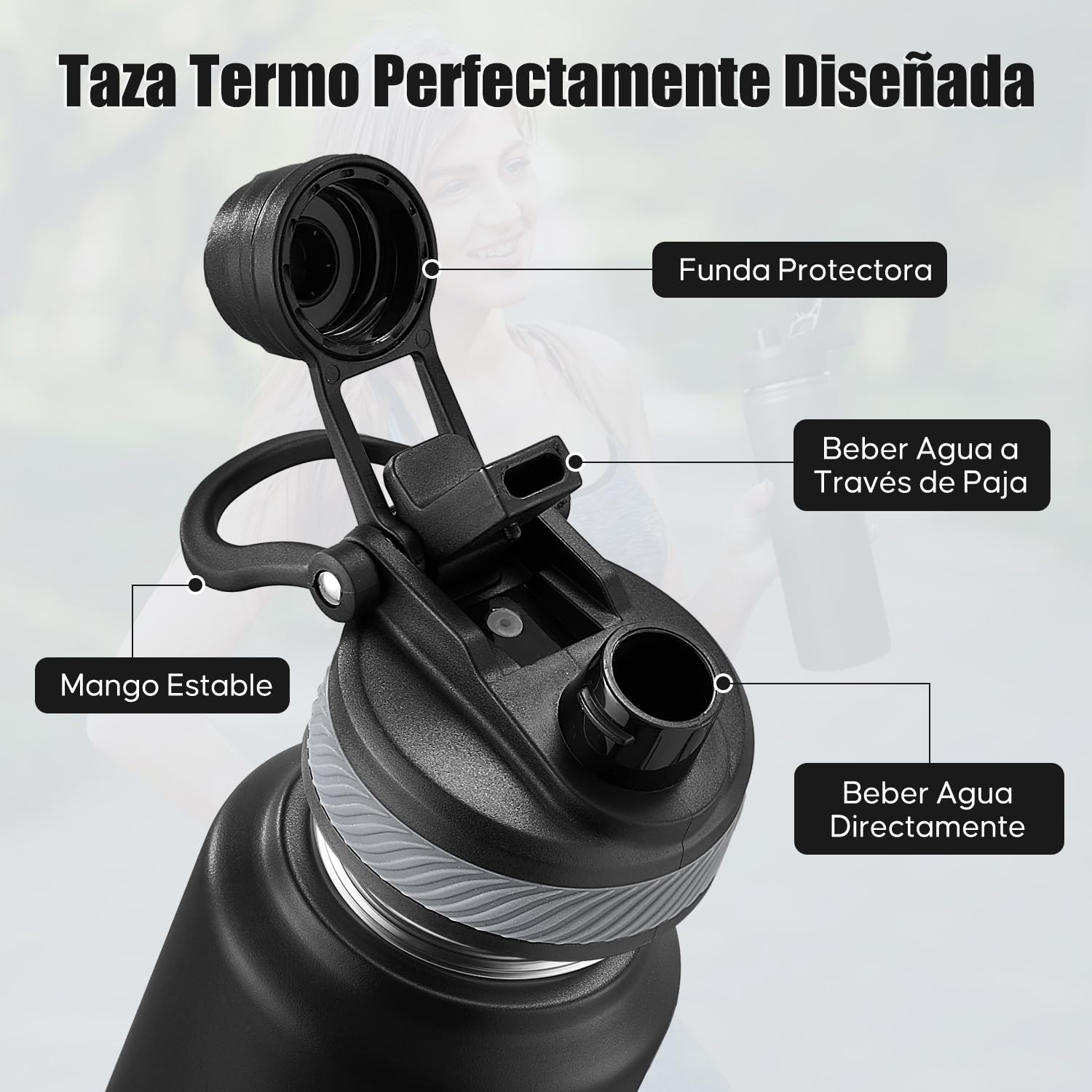 Botella Térmica de Acero Inoxidable 1200ml-Termo para Agua Fría con Tapa de Taza y Asa Portátil, Doble Aislamiento 24 Horas Frío, Sellado Hermético, Diseño Antigoteo para Deportes (Negro,1.2 Litros)