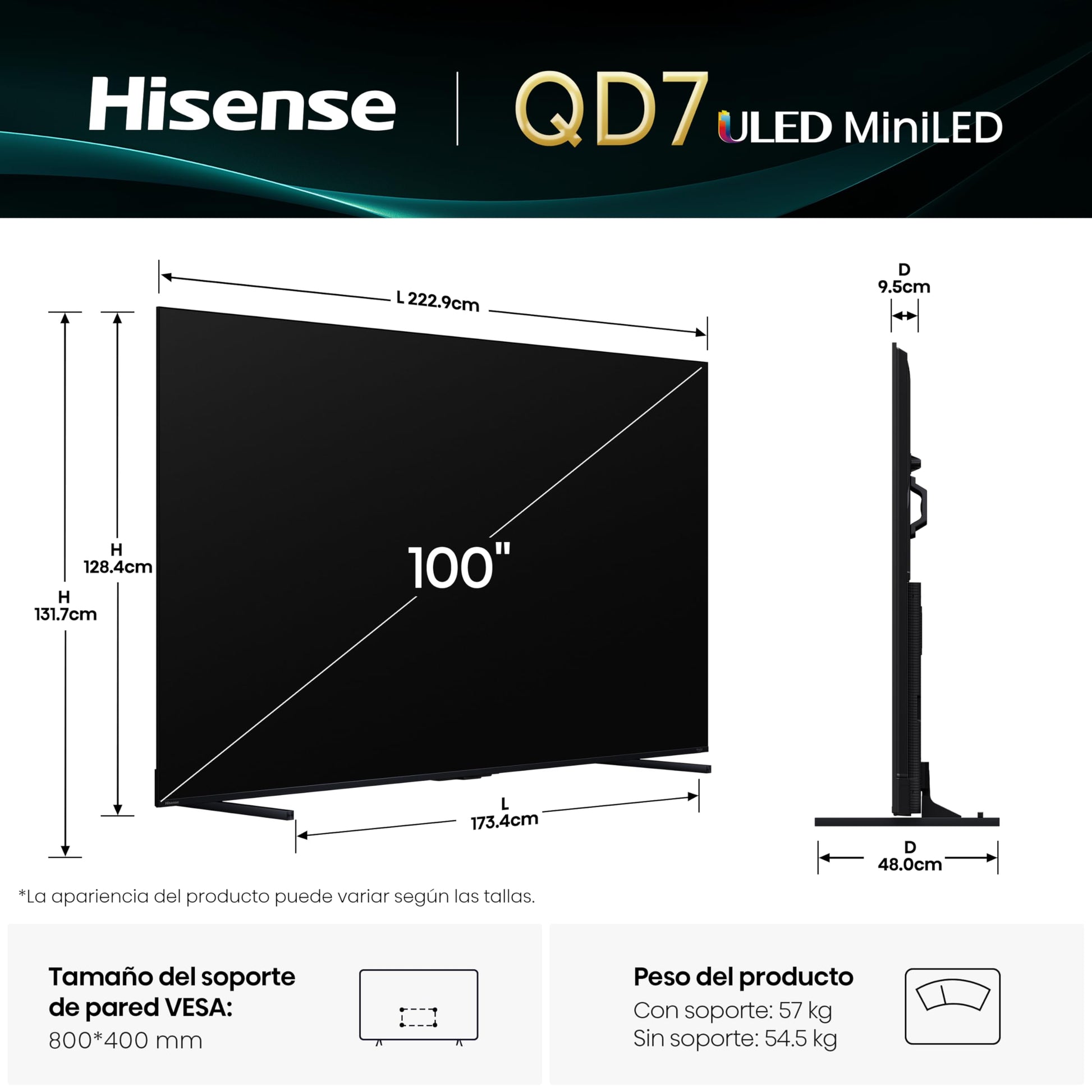 Hisense Television QD7QFM (Modelo 2025) Pantalla 100 Pulgadas,Mini-LED Smart Fire TV UHD 4K,Control Remoto por Voz con Alexa,Hi-View AI Engine,Modo de Juego Pro de 144 Hz,Dolby Vision·Atmos