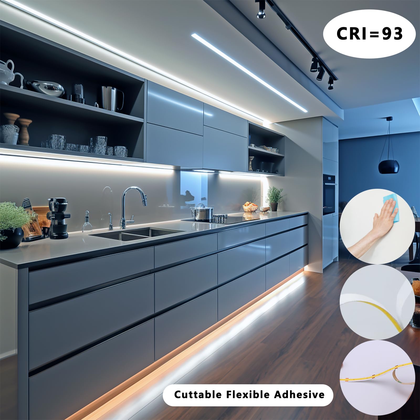 BENLUN 12V Tira LED COB Bajo Mueble Cocina Kit 10 Metri, Luz LED 6000K Blanco Frio, Luces LED Adhesivas Recortable, con Dimmer y Fuente de Alimentación para Vitrina, Armario, Estanteria