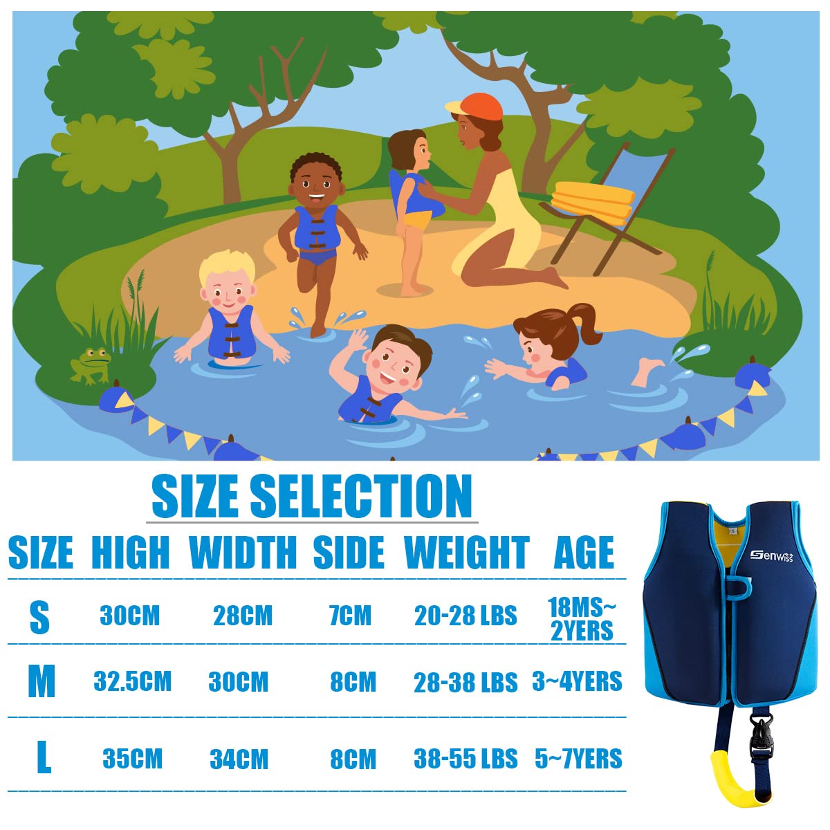 Genwiss Swim Vest for Kids Baby Swim Jacket for Age 3-4 Years Toddler Kids Fit 28-38 lbs,Size Medium, Blue, Yellow