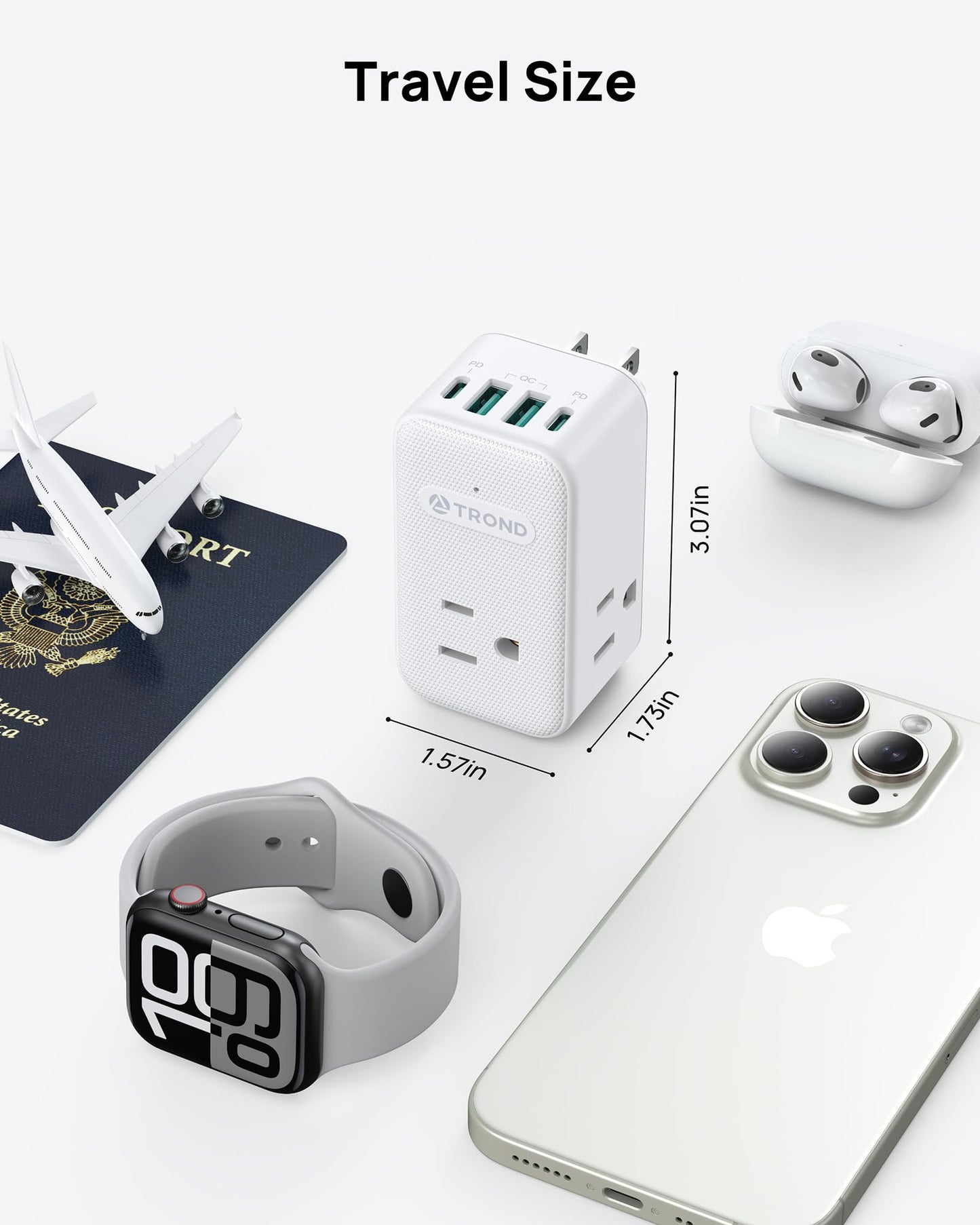 TROND Extensión con Enchufe Giratorio 360°, 3 Tomas AC, Cargador USB-C PD 20W, Adaptador de Pared USB, Estación de Carga Compacta para Cocina, Baño, Cruceros y Viajes