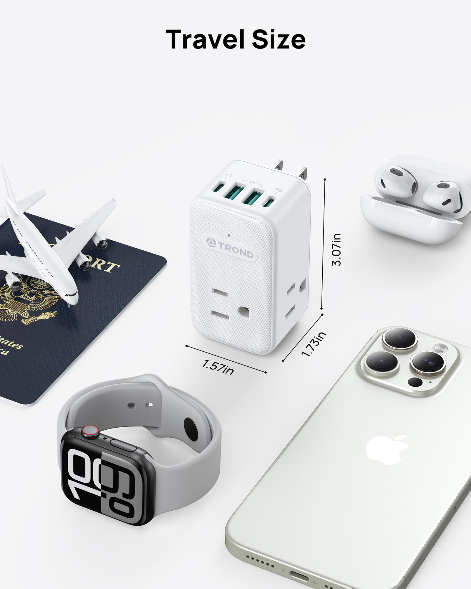 TROND Extensión con Enchufe Giratorio 360°, 3 Tomas AC, Cargador USB-C PD 20W, Adaptador de Pared USB, Estación de Carga Compacta para Cocina, Baño, Cruceros y Viajes