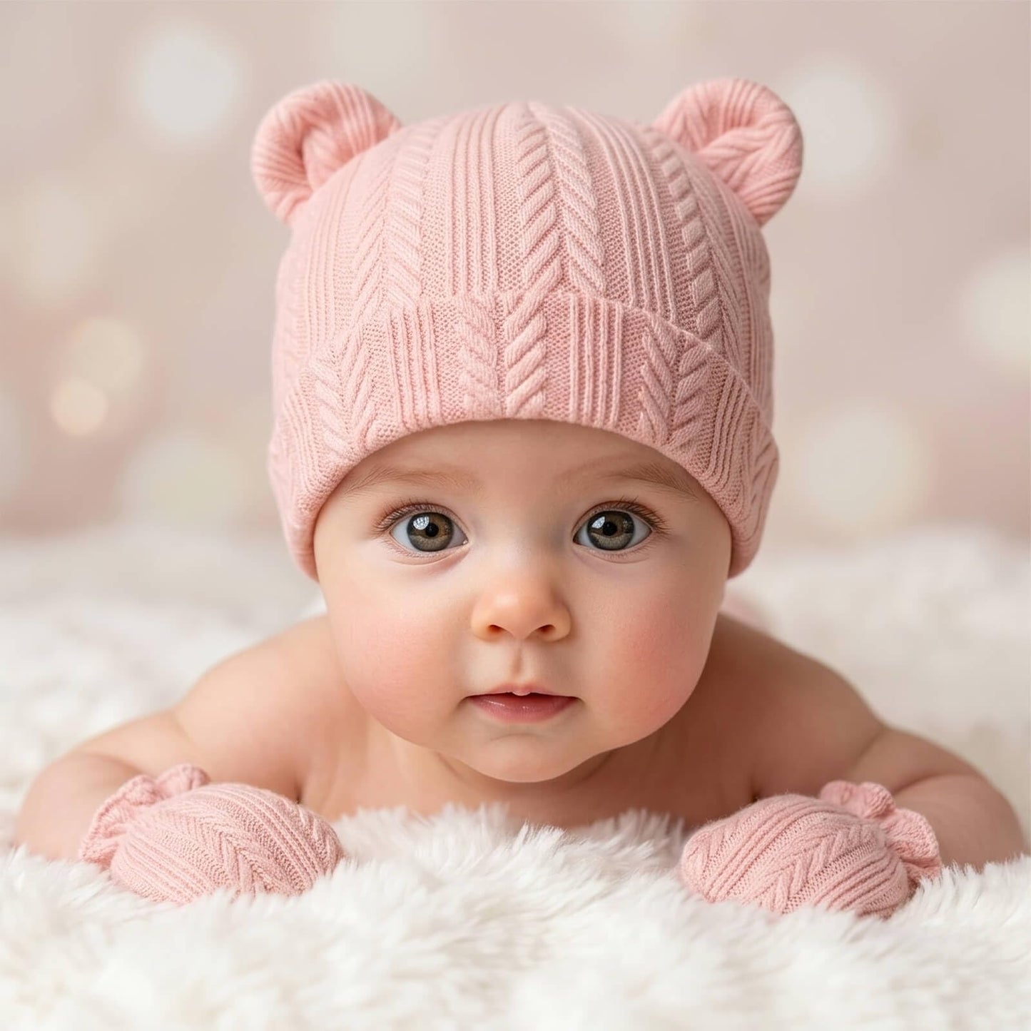 BQUBO - Juego de sombreros para bebé recién nacido, orejas de oso y manoplas, gorras para bebés y niñas, gorro de hospital para bebés de 0 a 3 meses, 4 juegos P: sombreros y manoplas de oreja de oso