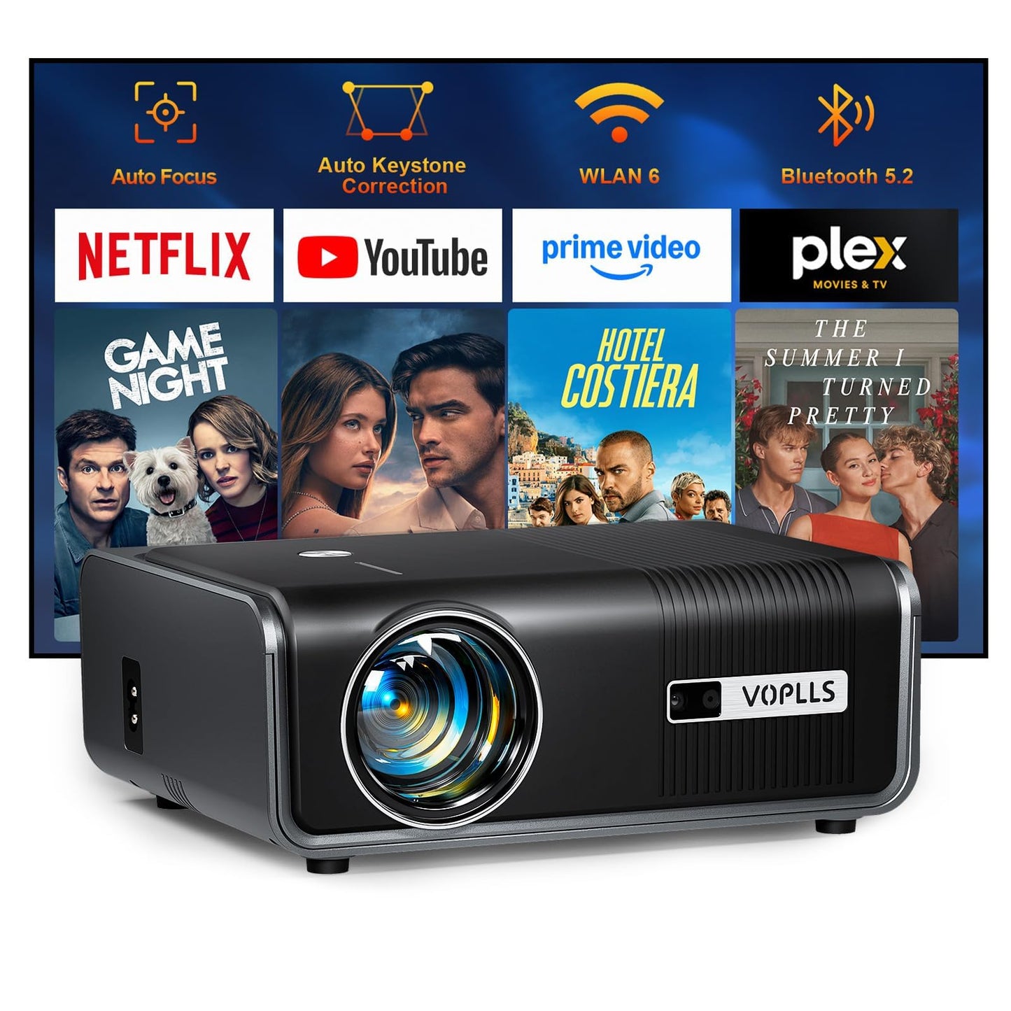 [Aplicaciones integradas y enfoque automático/piedra clave] Proyector inteligente con WiFi y Bluetooth, VOPLLS 1500 ANSI 4K proyector al aire última intervensión, proyector inalámbrico portátil para